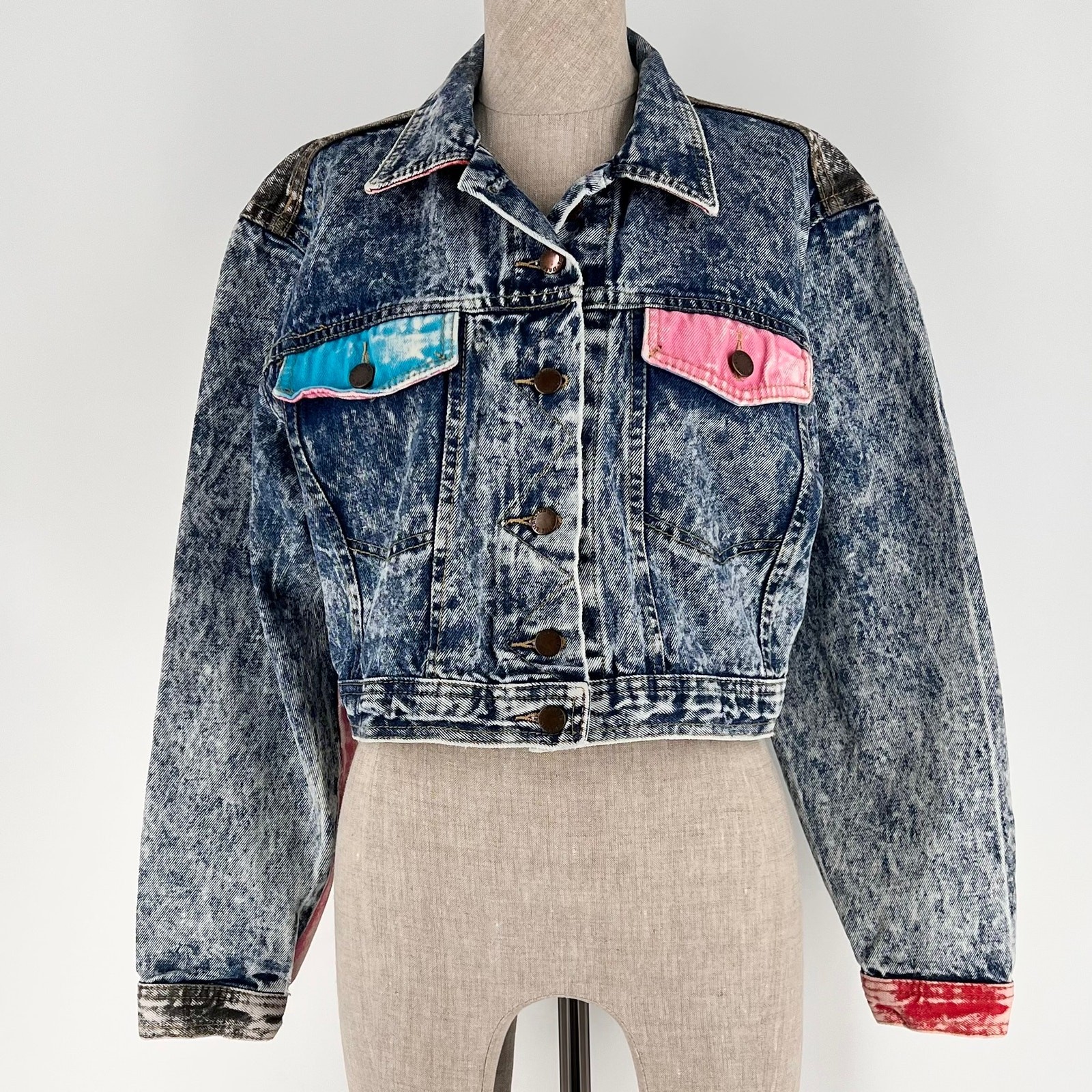 80s Cropped New Wave Acid Wash Jean Jacket Neon Color Block 1980s Vintage