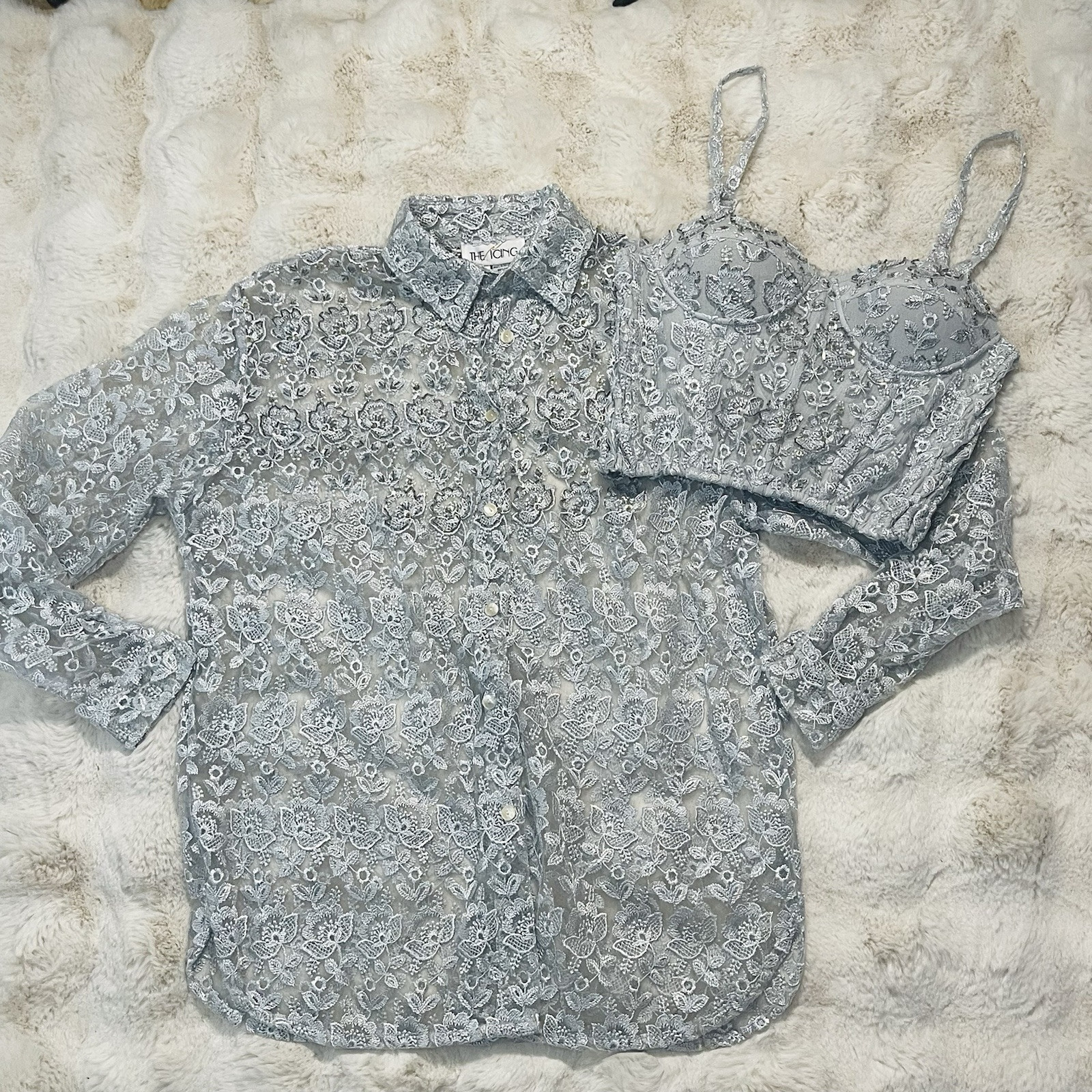The Icing Vintage 90’s Silver Floral Lace Beaded Bustier Blouse Chic 2 Pc Set