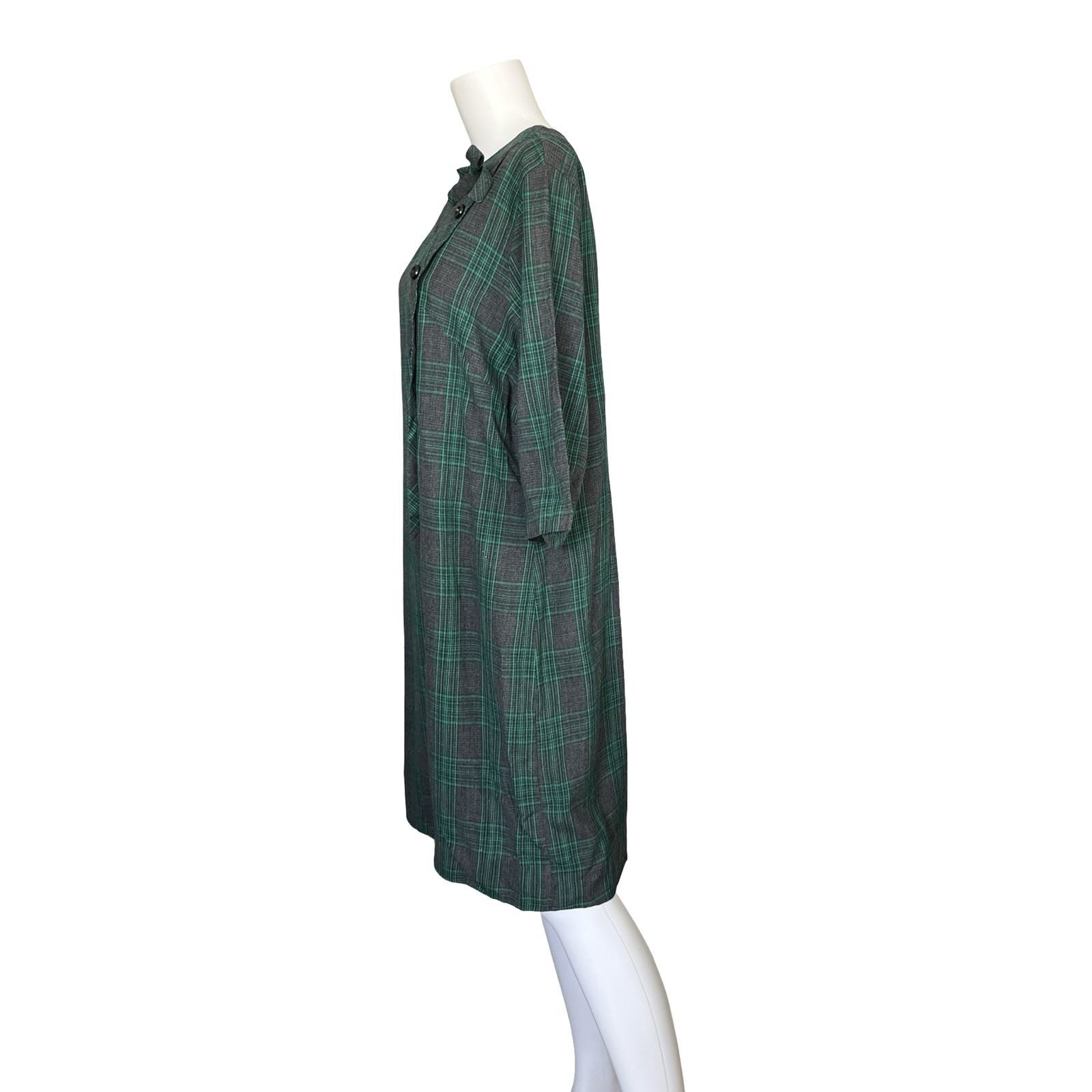 Vintage 60s Gray and Green Plaid Shift Dress Classic Buttons