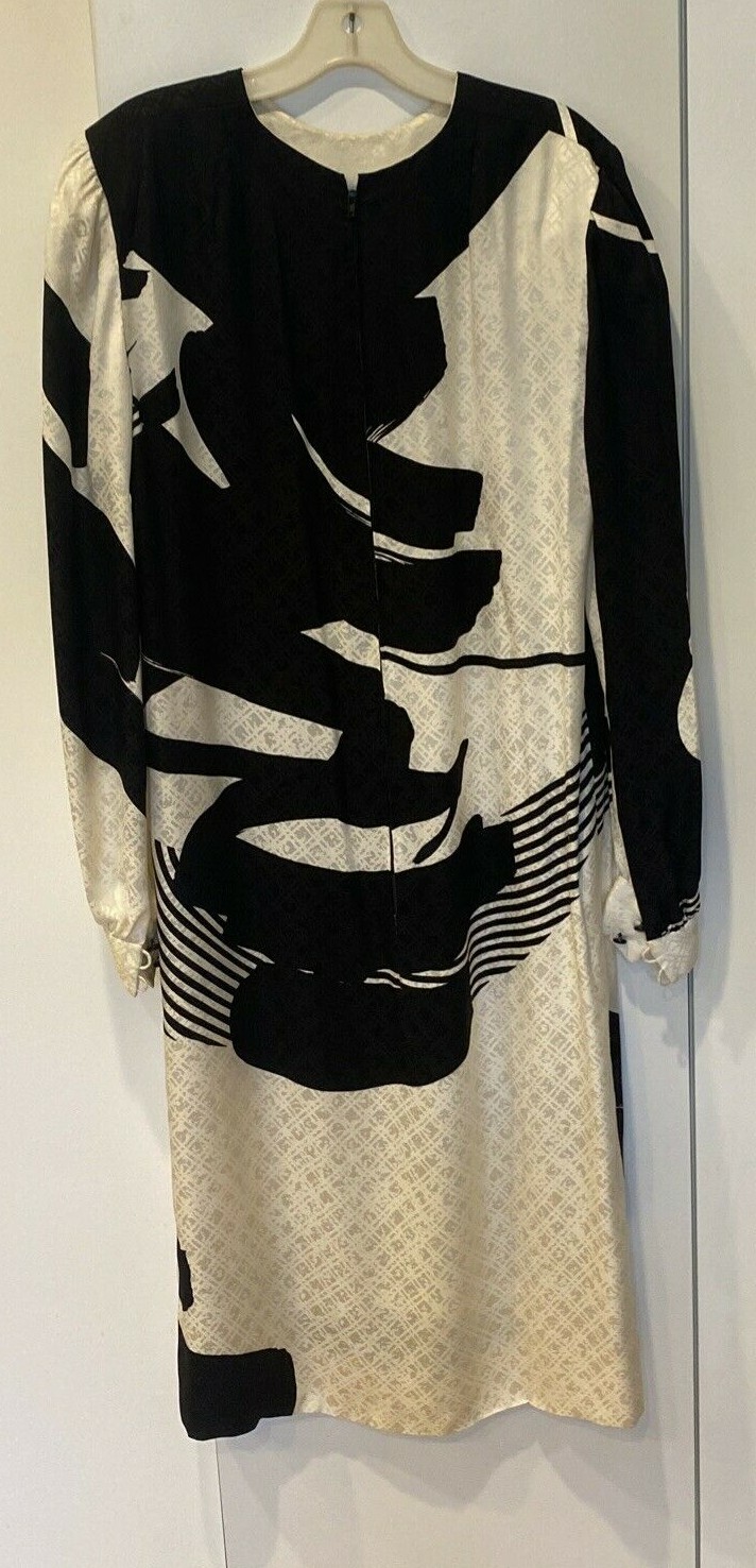 VTG Dress 10-12 Pauline Trigere/ I Magnin Black+White Silk Midi Long Sl Lined US