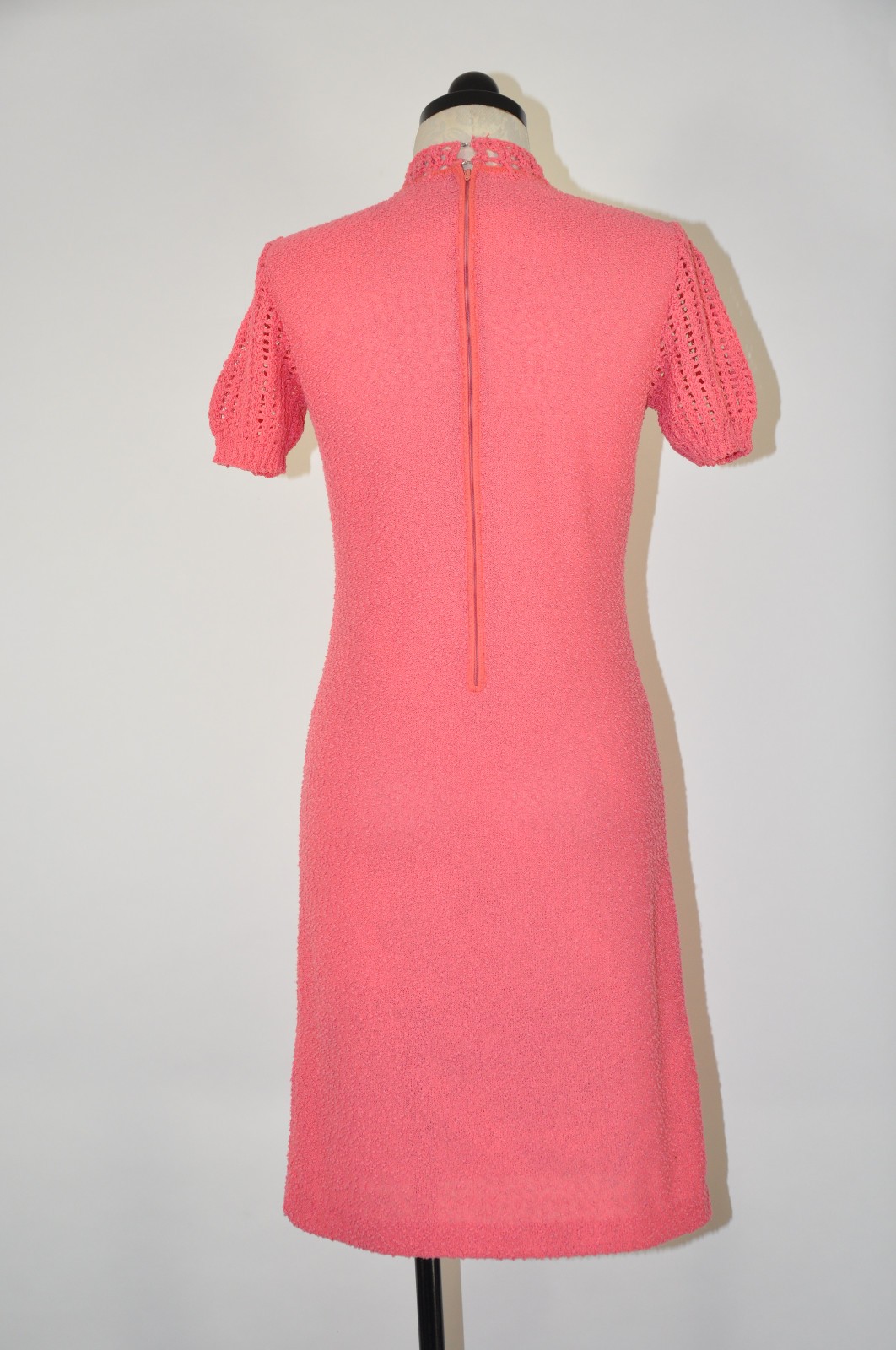 60s Vintage Salmon Pink Cotton Boucle Knit Short Sleeve Sweater Dress Women XS S