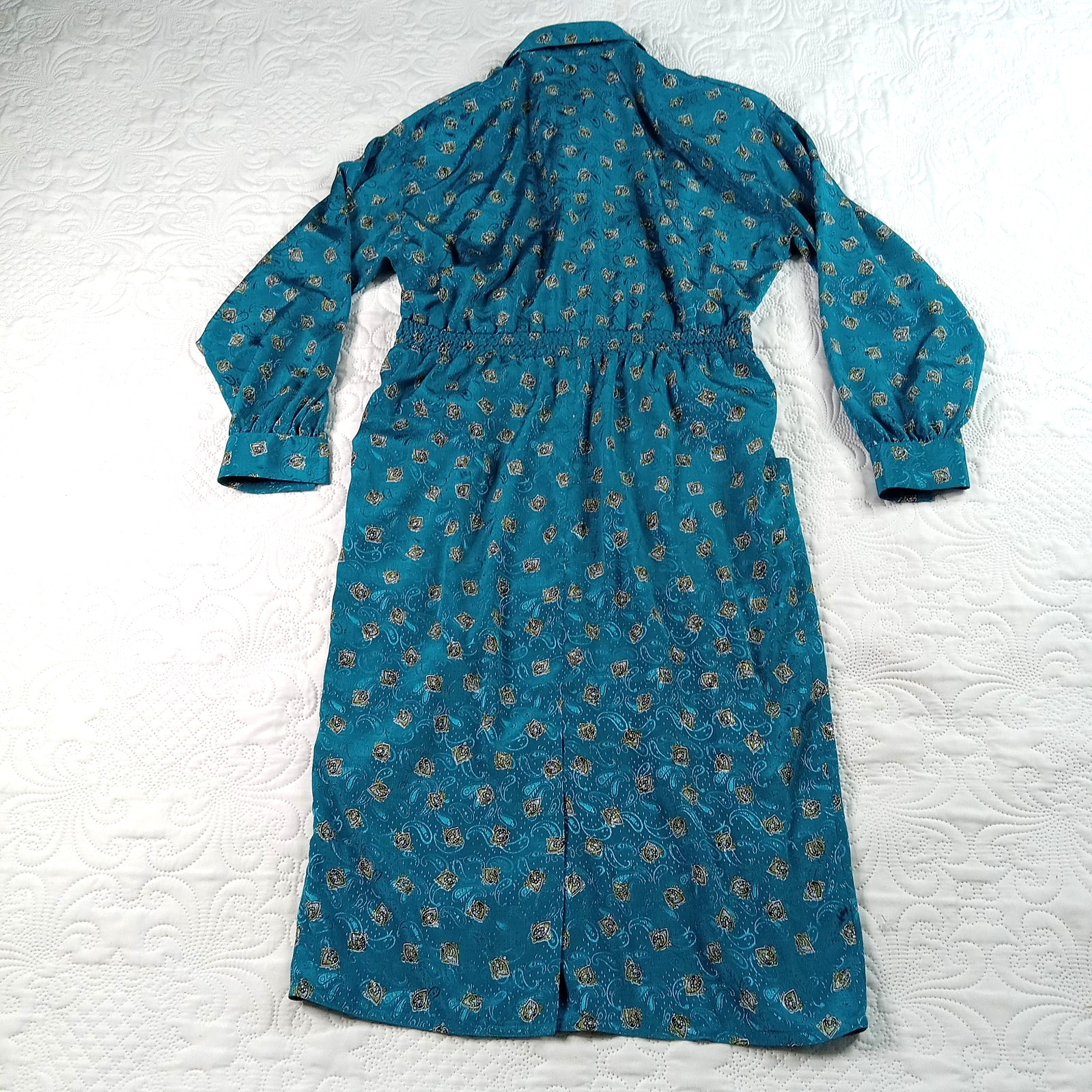 Schrader Petite Sport Shirtdress 6 Teal Paisley Pleated Banded Waist Vtg 80s EUC
