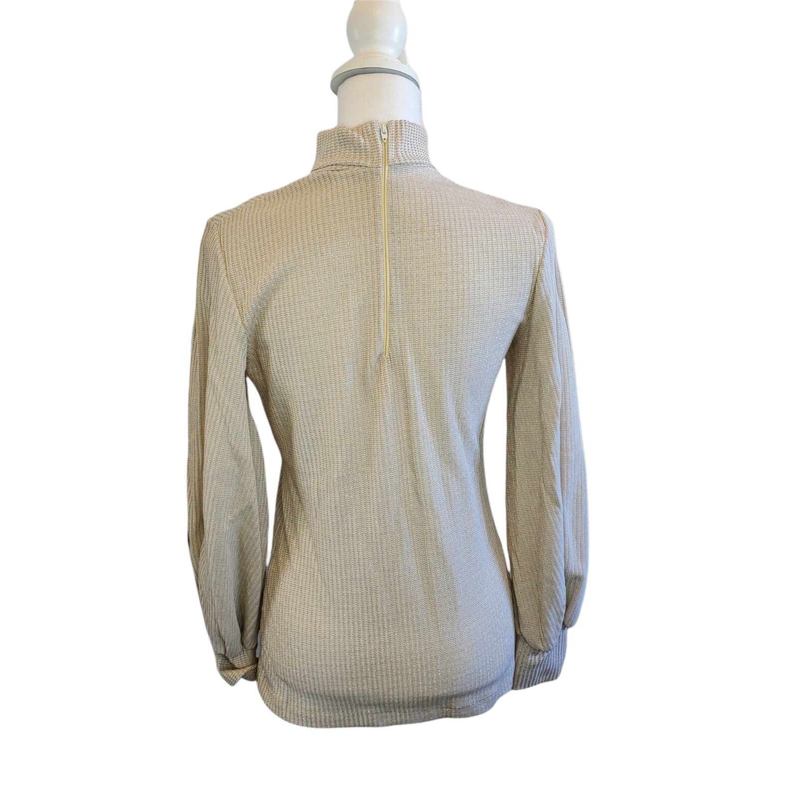 Neutral Beige Gold Metallic Sparklw Ribbed Turtleneck Vintage 80s Chic S/M