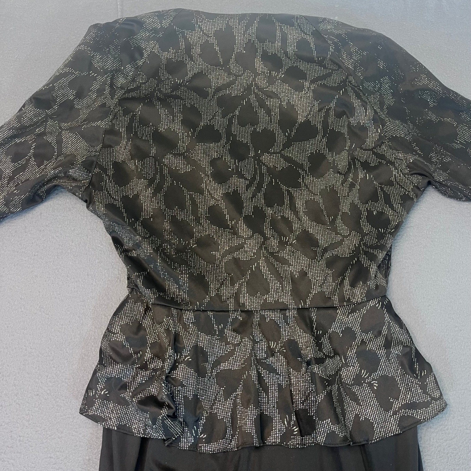 Vintage Jenny Black Silver Metallic Peplum Maxi Dress Size 12 Made in USA Floral