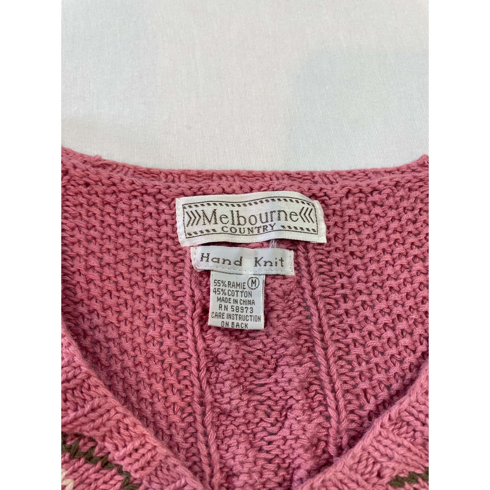 Vintage 80s 90s Melbourne Country Sweater Pink V Neck Floral Hand Knit Size M