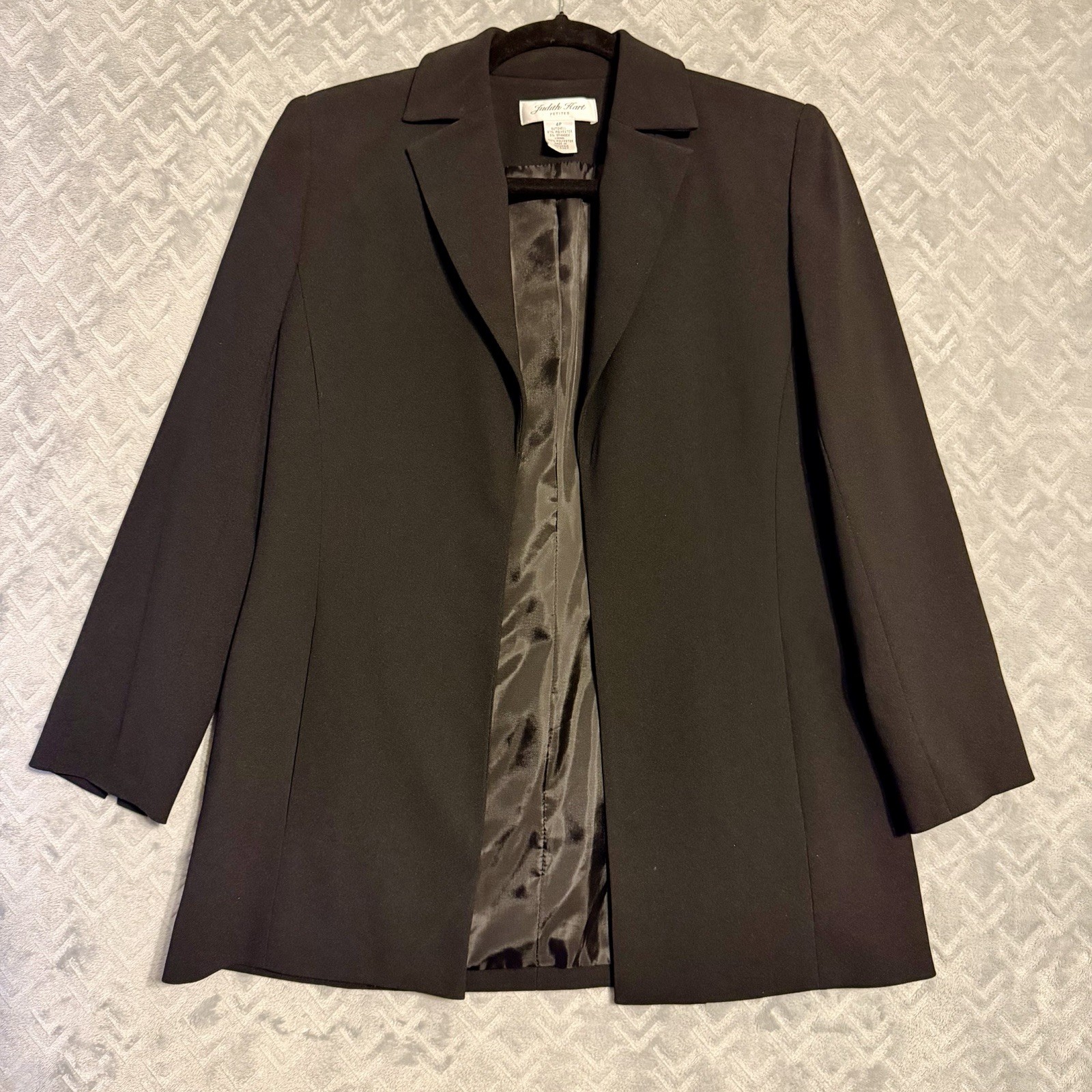 JUDITH HART Black Open Front Blazer Jacket Women’s Petite Sz 4P Notched Collar