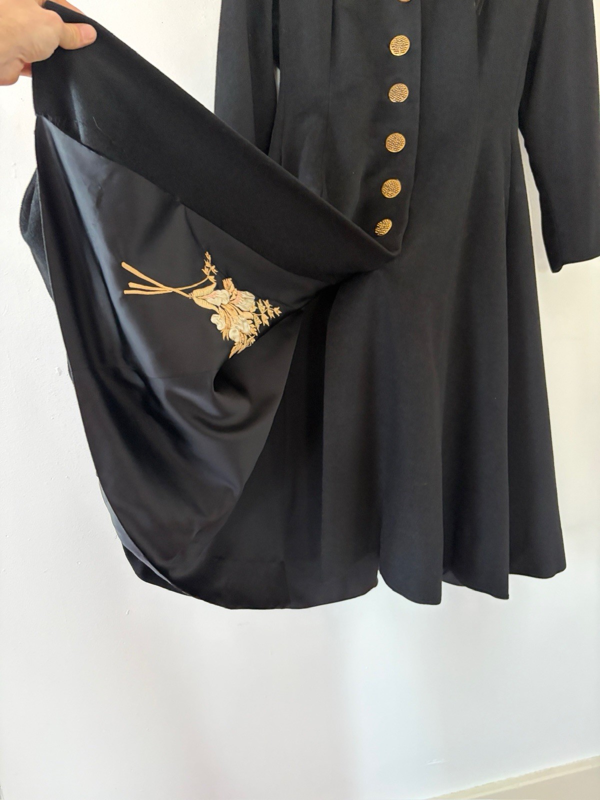 Vintage 1950s Black Wool Swing Coat Dress Princess Line Appliqué Formal New Look