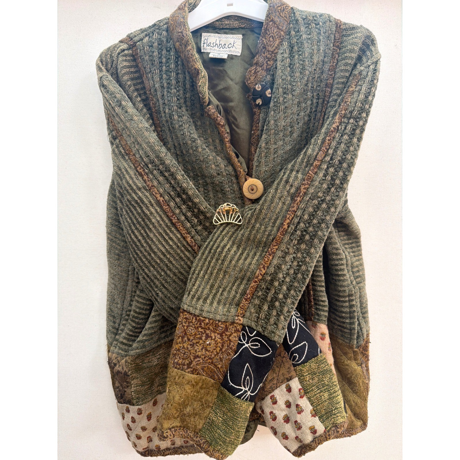 Flashback Vintage Patchwork Jacket Green Brown Cotton Rayon Boho Medium