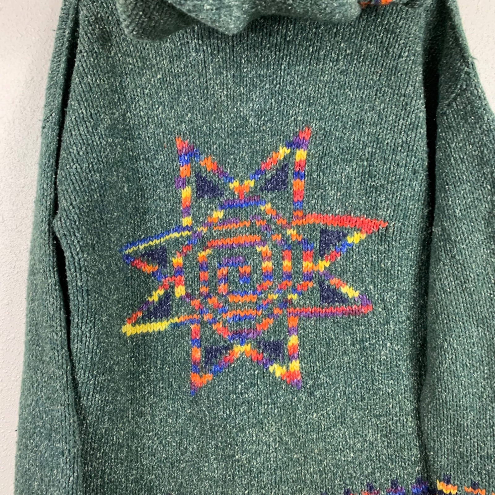 VTG 80s Inti Raymi Artisans Andean Wool Knit Jacket Green L Boho Folk Handmade