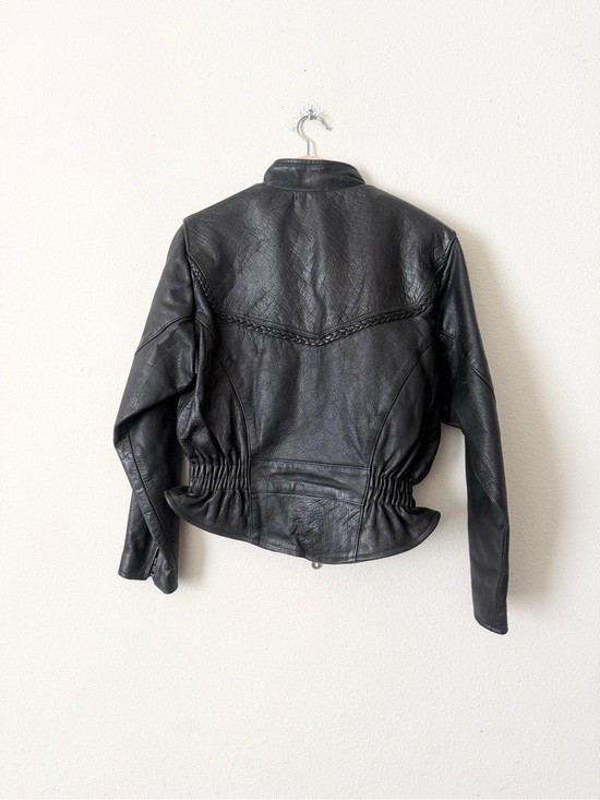 Vintage Leather Wear LARGE 100% leather black biker zip jacket
