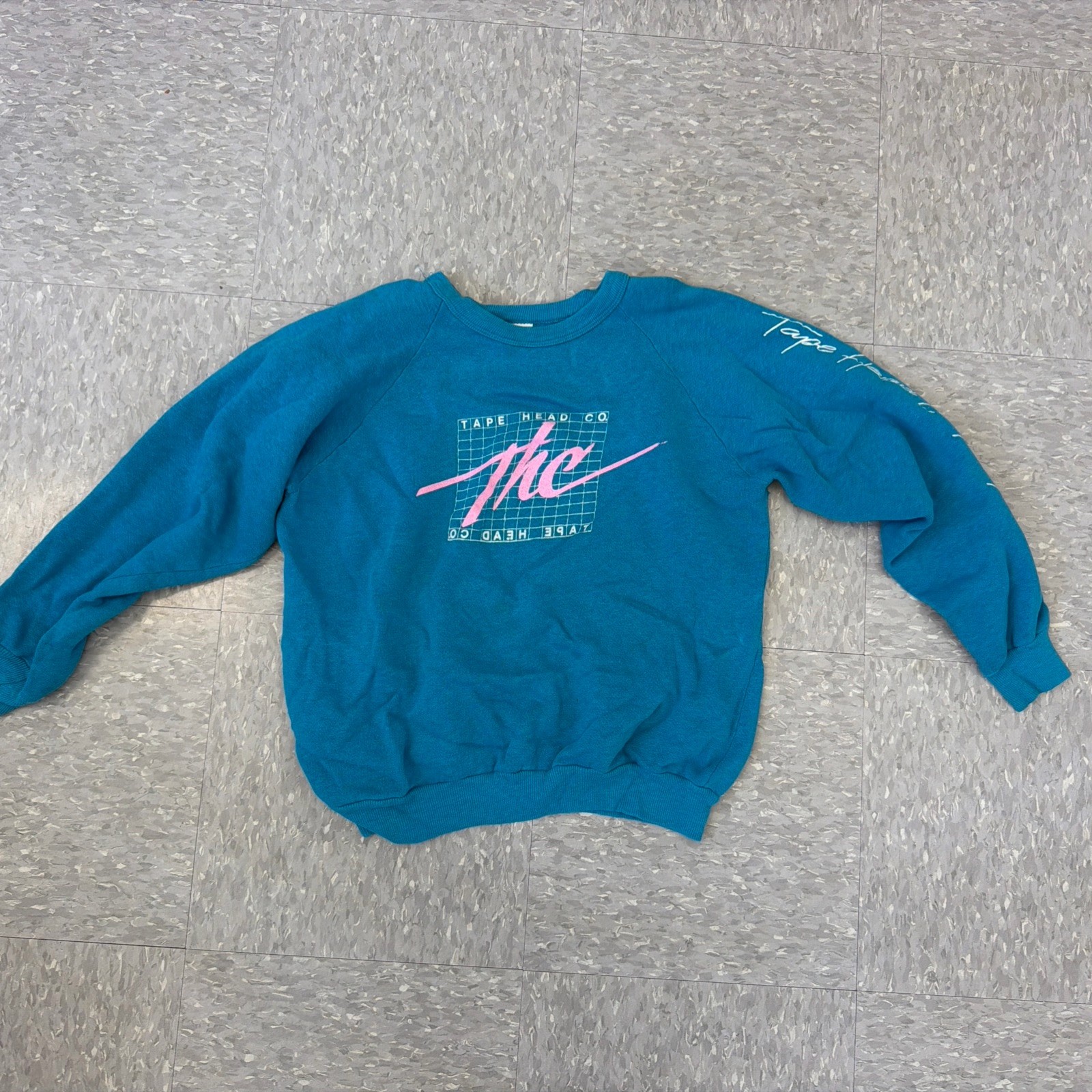 Vintage USA 1980s Teal Crewneck Sweater Crop Top Size L THC Tape Head Co.
