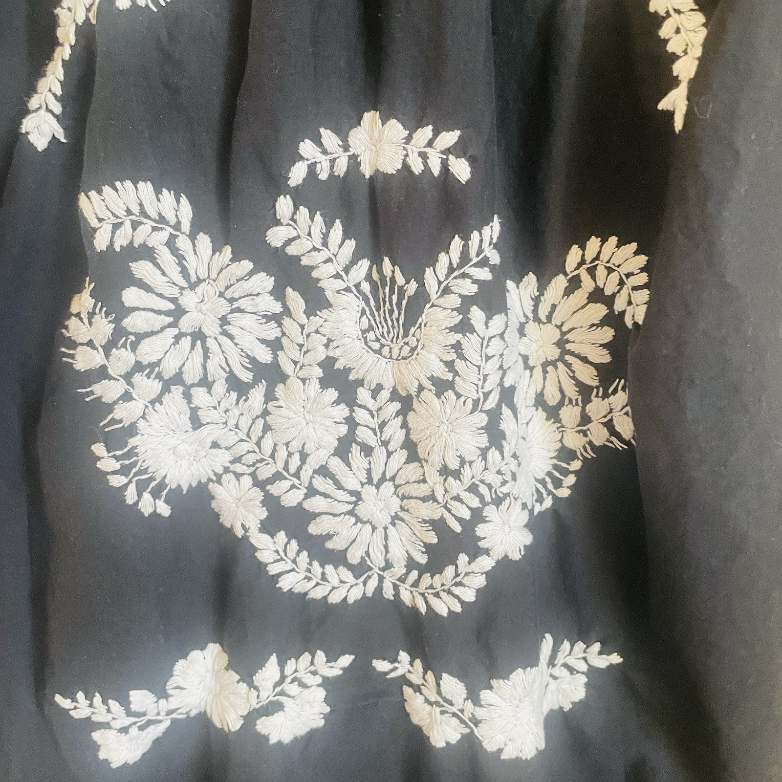 Vintage Black White Cotton Embroidered Floral Boho Hippy Mexican Dress~Small/Med