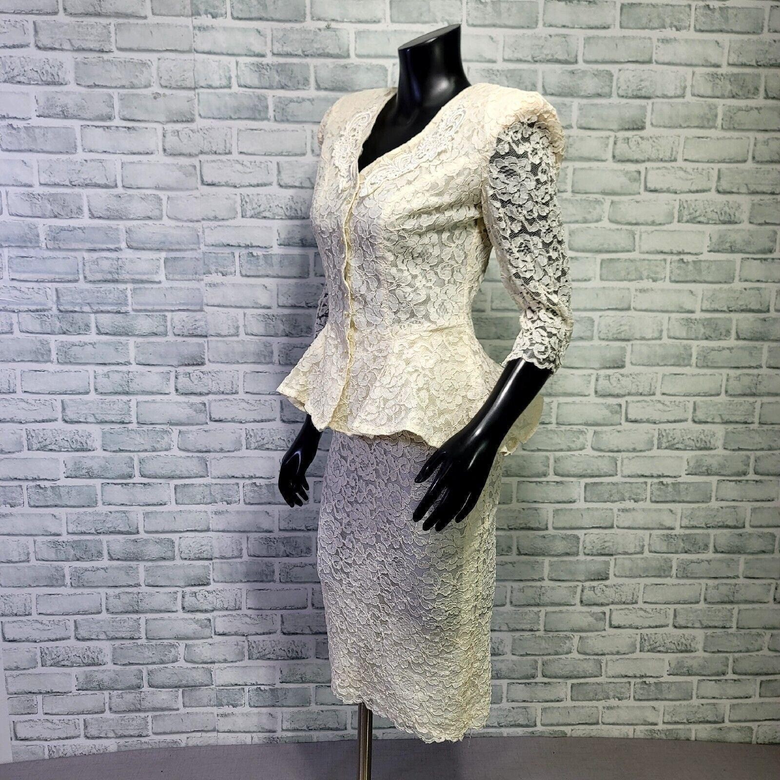 Vintage 80s Termeh NY S Ivory Lace Peplum Skirt Suit Set Bridal Jackie O