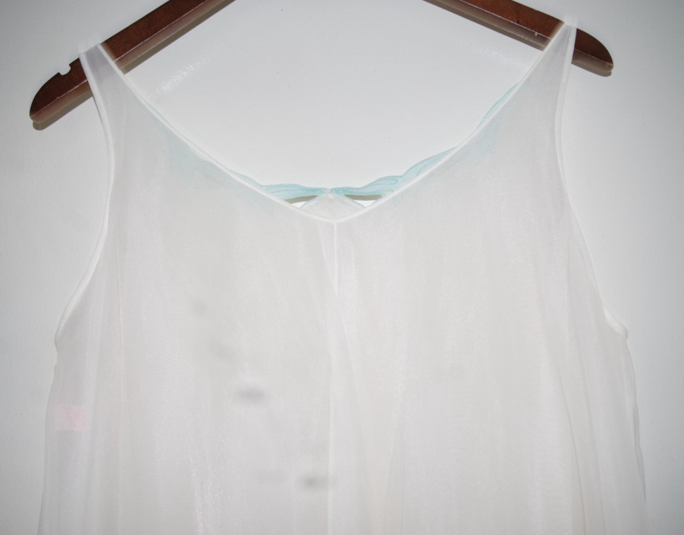 K Vintage Yolande M Off White & Aqua Openwork Pearls Chiffon Nylon Nightgown