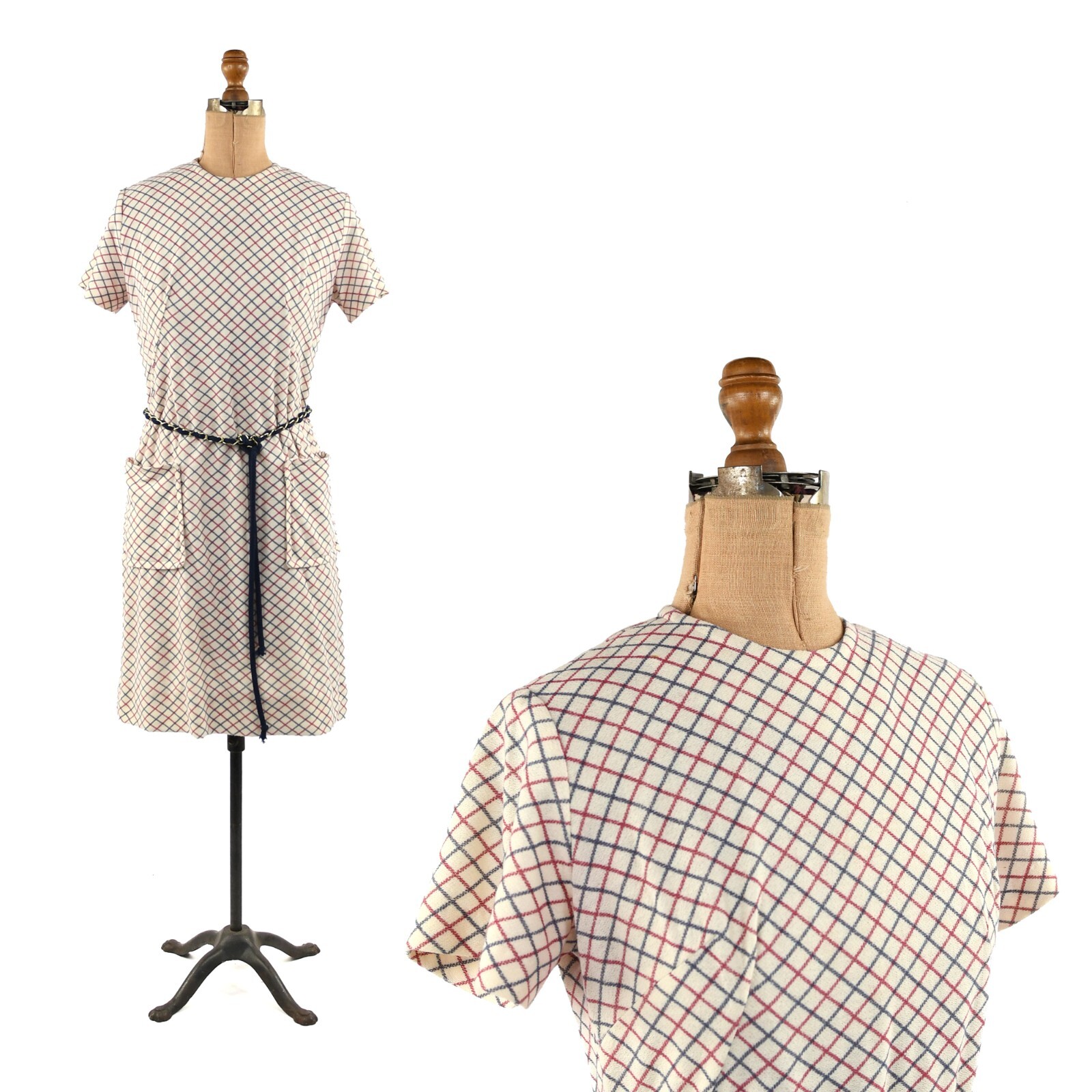 Vintage 60s Red White + Navy Blue Plaid Short Sleeve Shift Scooter Mod Dress S M