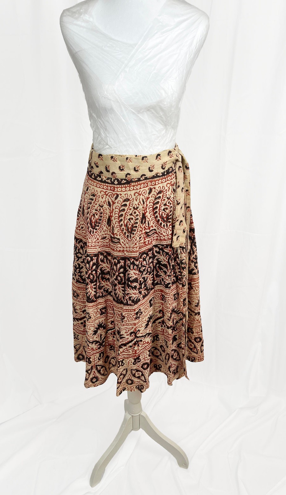 Vintage 70s India Cotton Block Print Wrap Skirt Boho Floral Paisley 35″ Waist