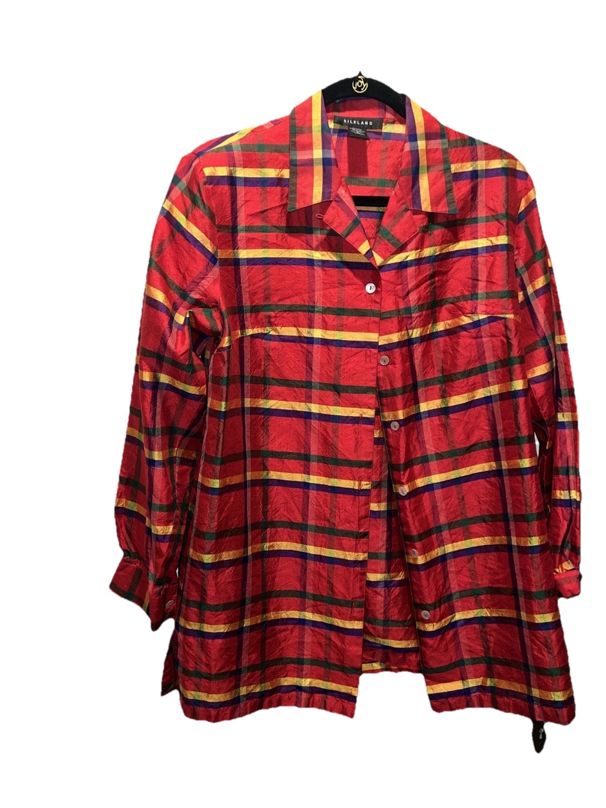 SilkLand 100% Silk Christmas Check Blouse Size Medium ￼￼