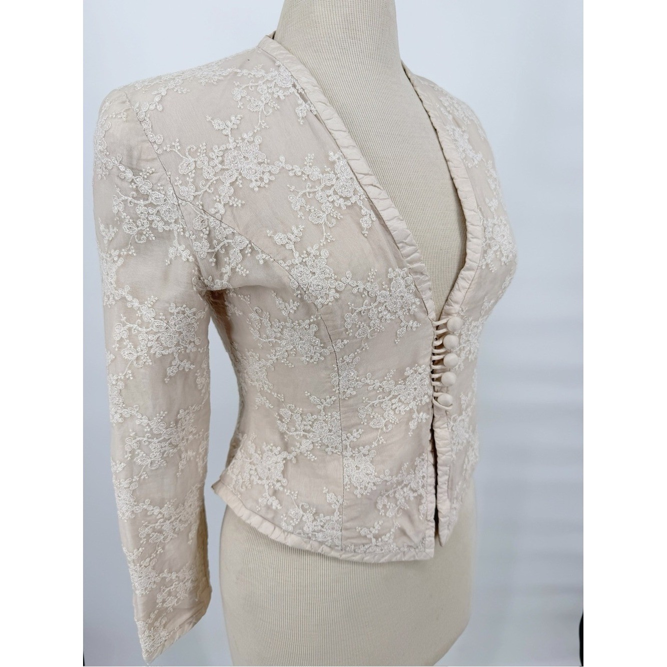 Vintage Angela Vickers Silk Lace Victorian Blouse Jacket XS/S Ivory Embroidered