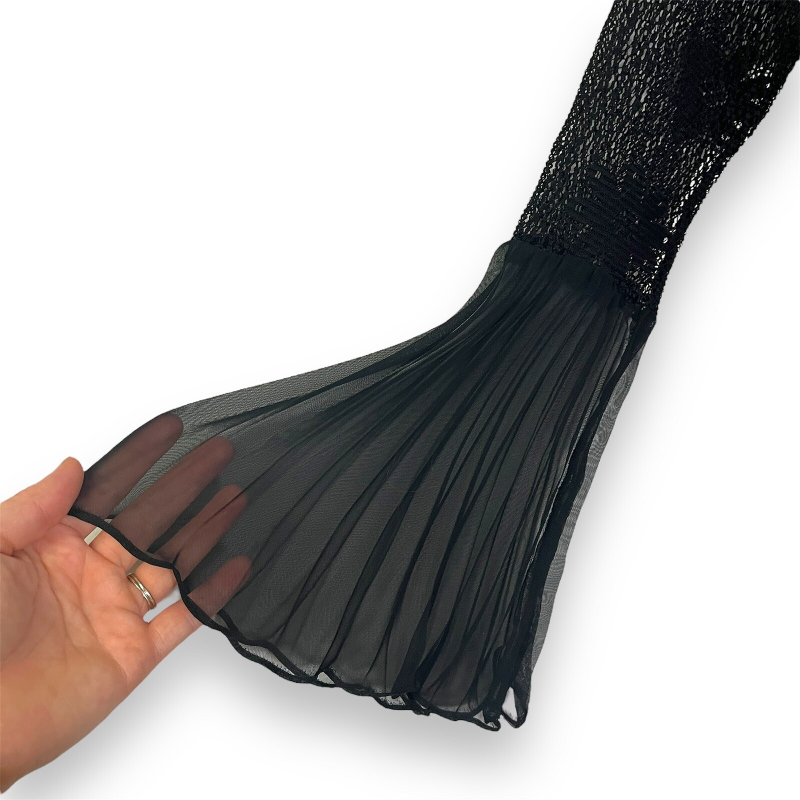 American Vintage Black Dress Mesh Lace Sheer Pleated Bell Sleeves Front Slit S/M