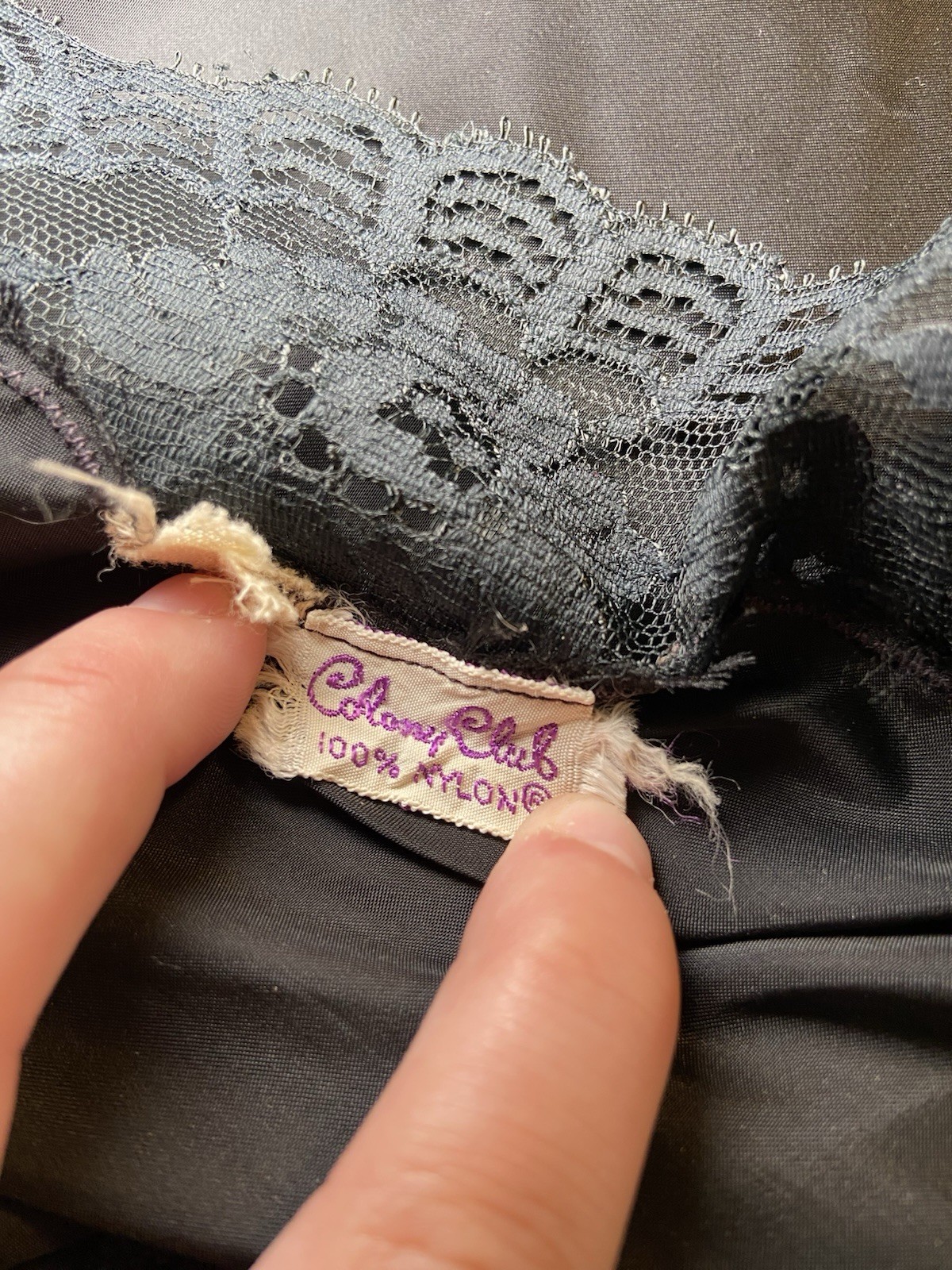 1950’s Black Colony Club Rayon Satin Slip Sexy Vintage Lingerie Lace Mid Length