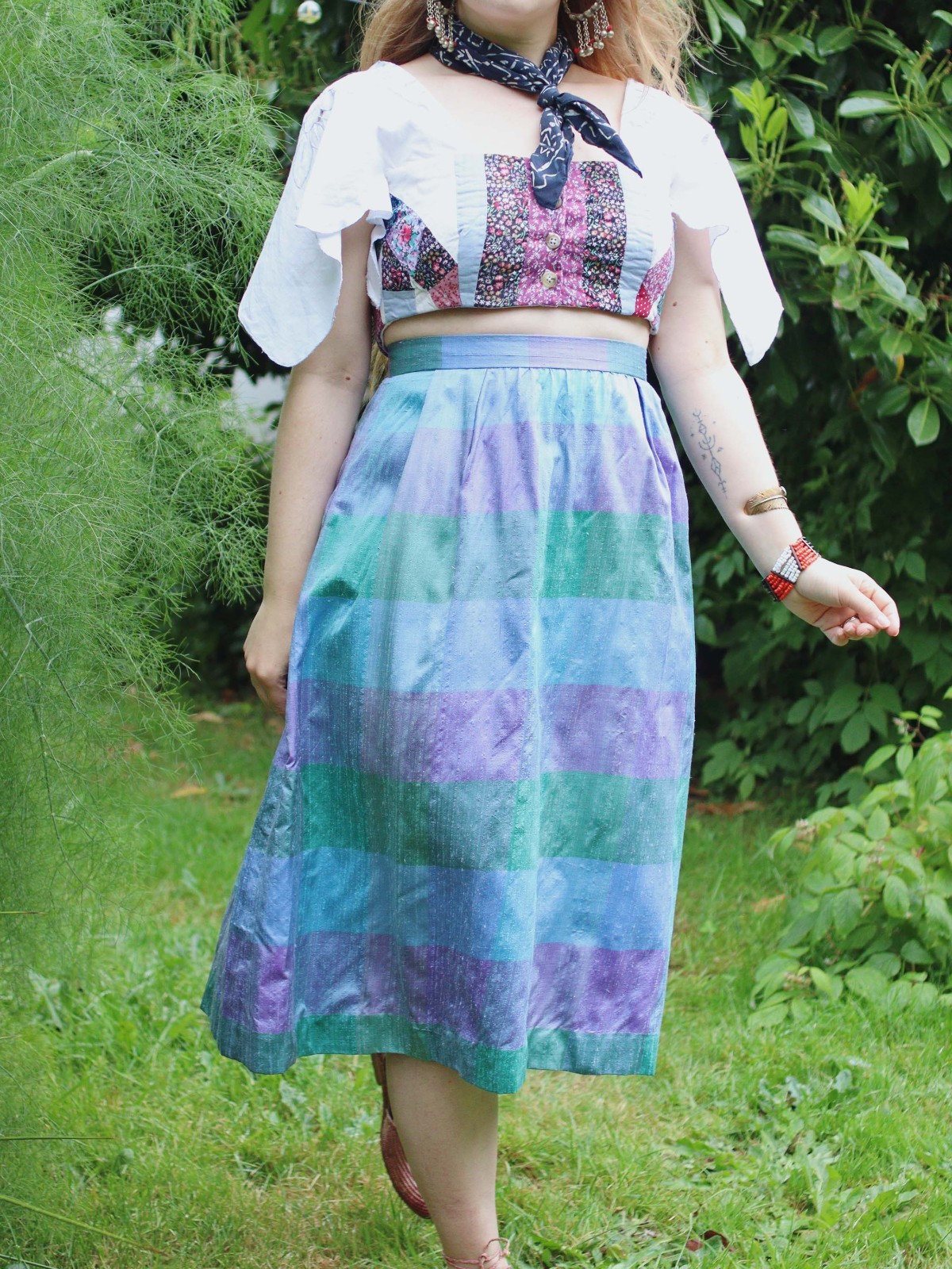 Vintage Dupioni SILK Pastel Check Print High Waisted A Line Folk Skirt Purple