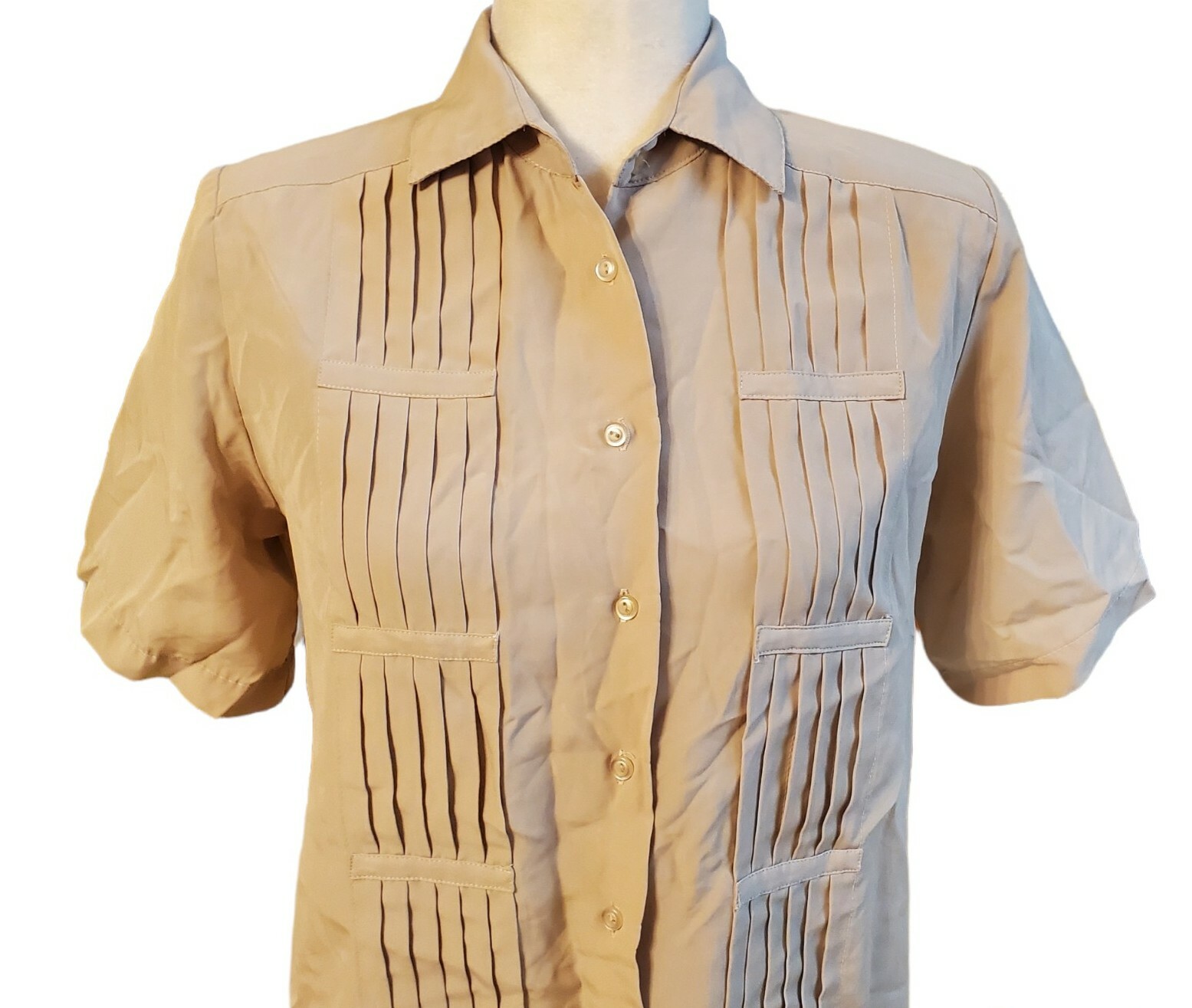 VTG Yves St. Clair Tan Pin-Tuck button front Short Sleeve Blouse Shirt Size 6