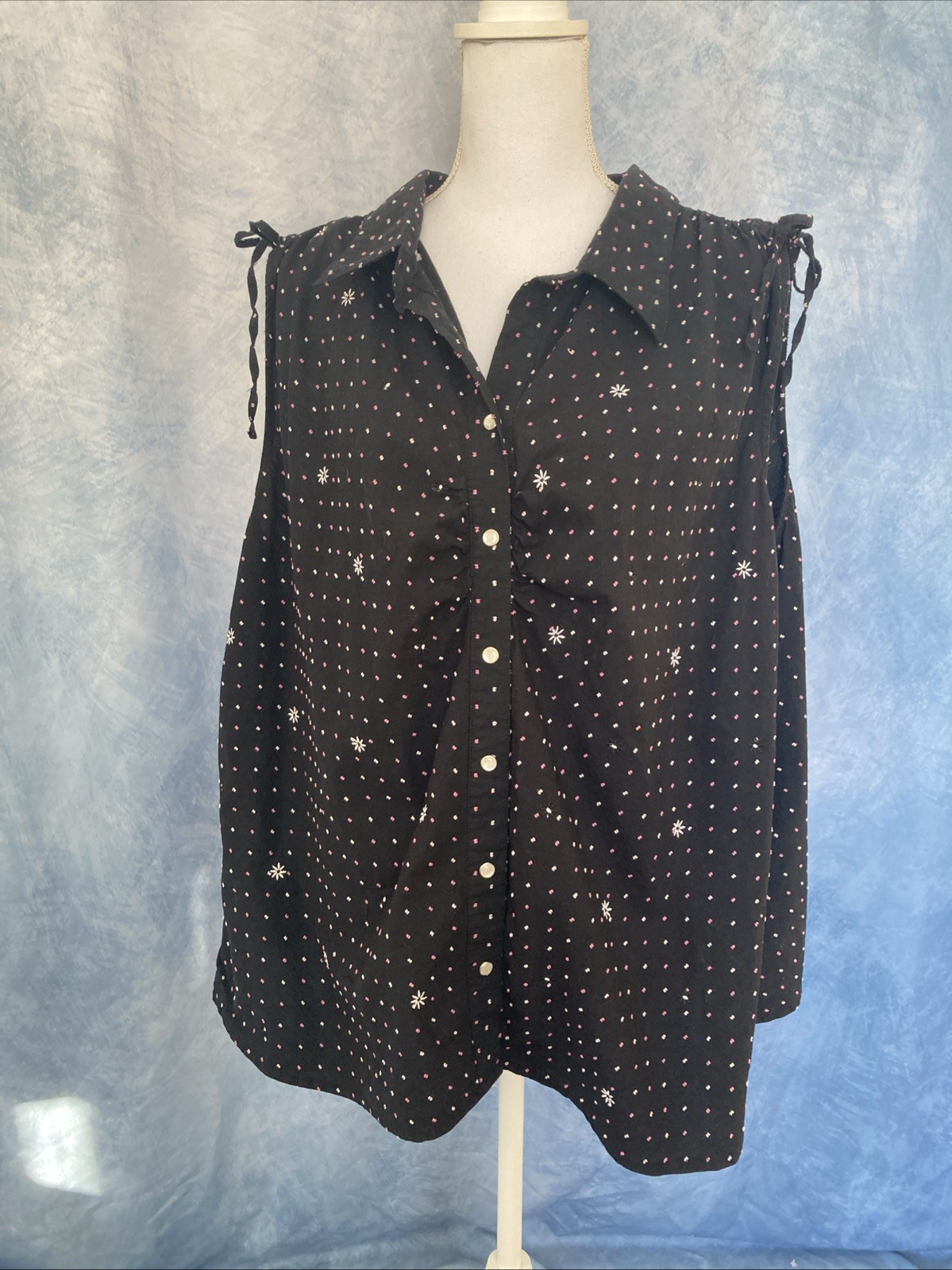 Vtg 90s Fashion Bug Plus Size Blouse Black Pink White Polka Dot Star Embroidered