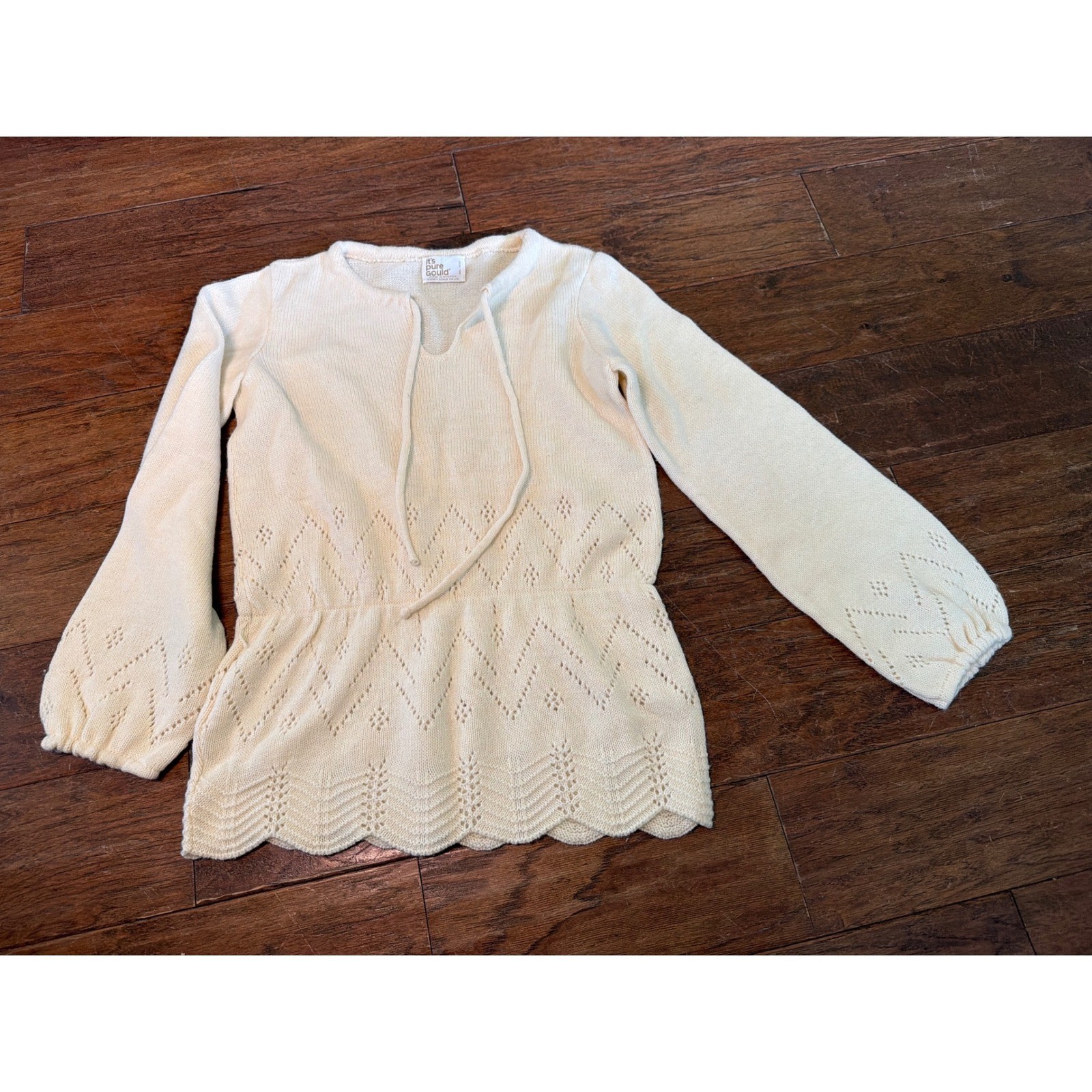 Vintage Its Pure Gould Cream Pointelle Peplum Knit Tie Neck Top Scalloped Hem
