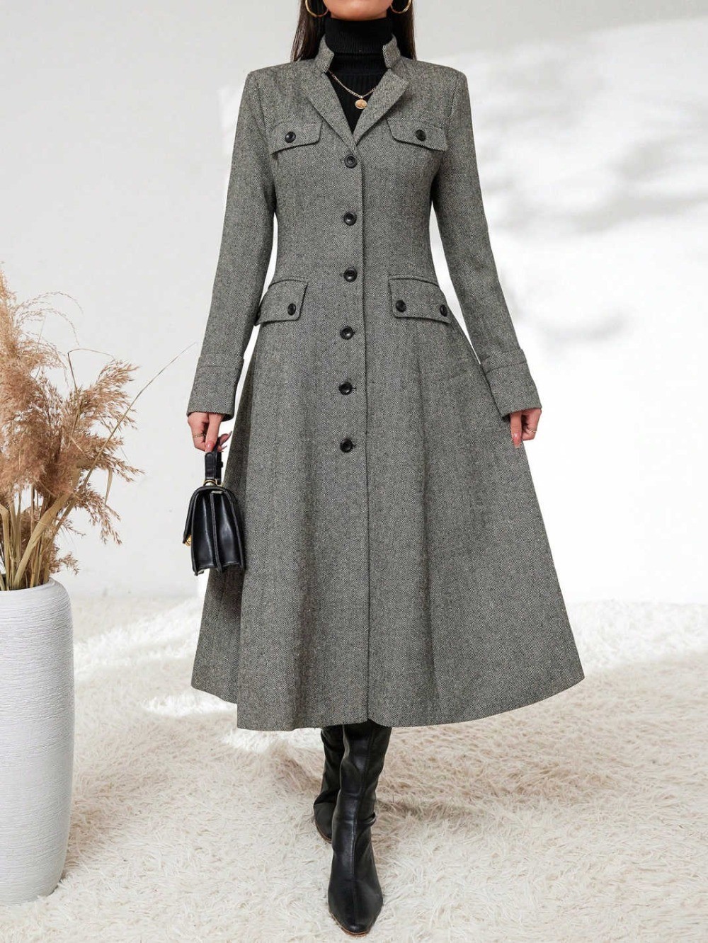 Ladies Grey Coat Herringbone Jacket Hem Skirt Tweed Winter Long Business