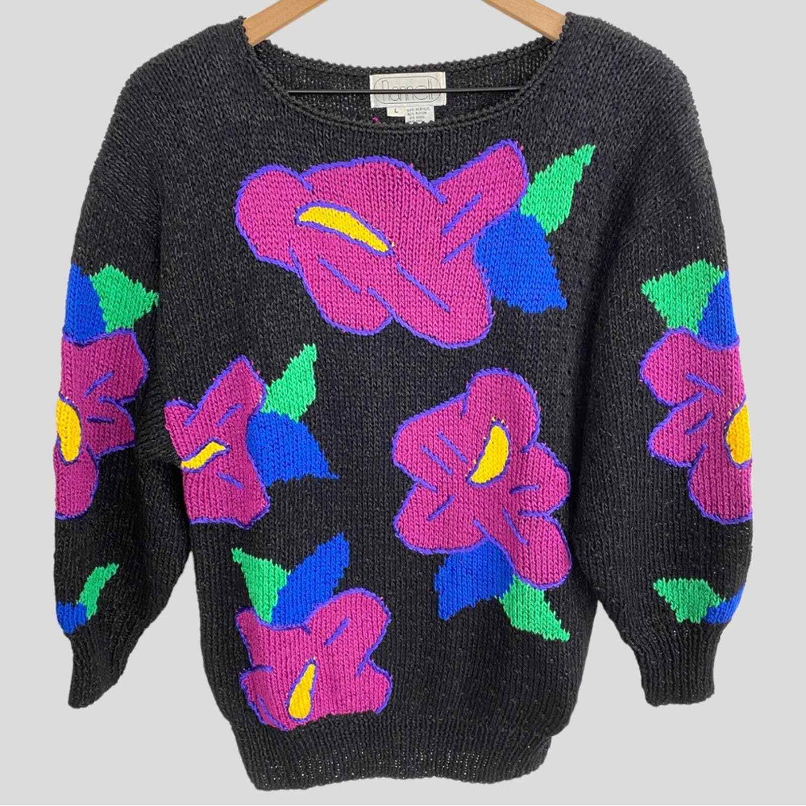 Vintage Black Vibrant Multicolor Floral Knit Sweater