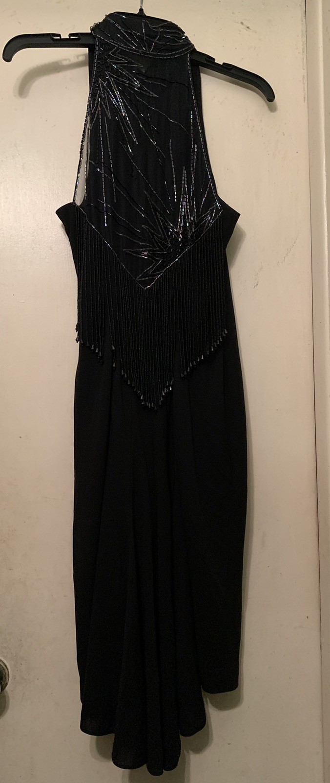 💥VGT 1980s Casadei Halter Beaded Sleeveless Cocktail Dress Black Pencil Dress