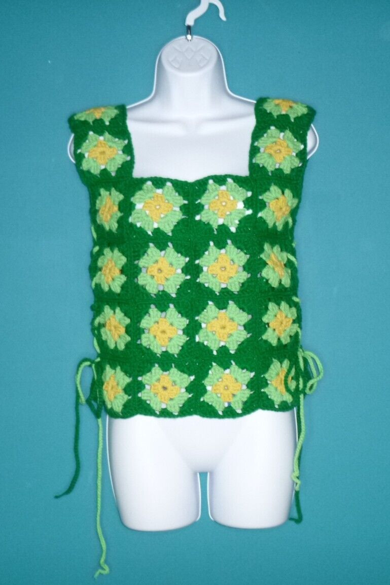 Vtg 70s Granny Square Crochet Tank Top Vest Laced Sides Green Yellow Sz S/M