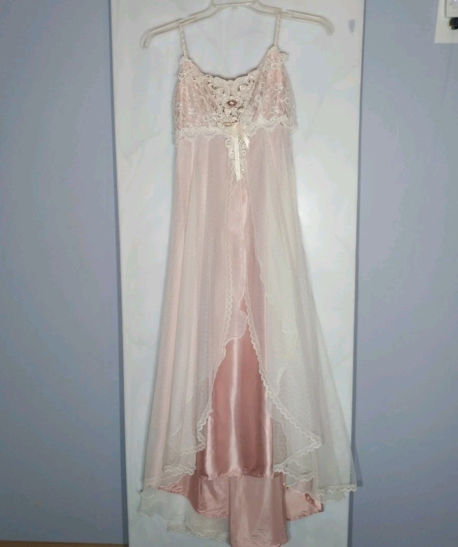 Vintage Loralie Pink Lace Chiffon Layered Slip Dress Fairycore Romantic Sz 4