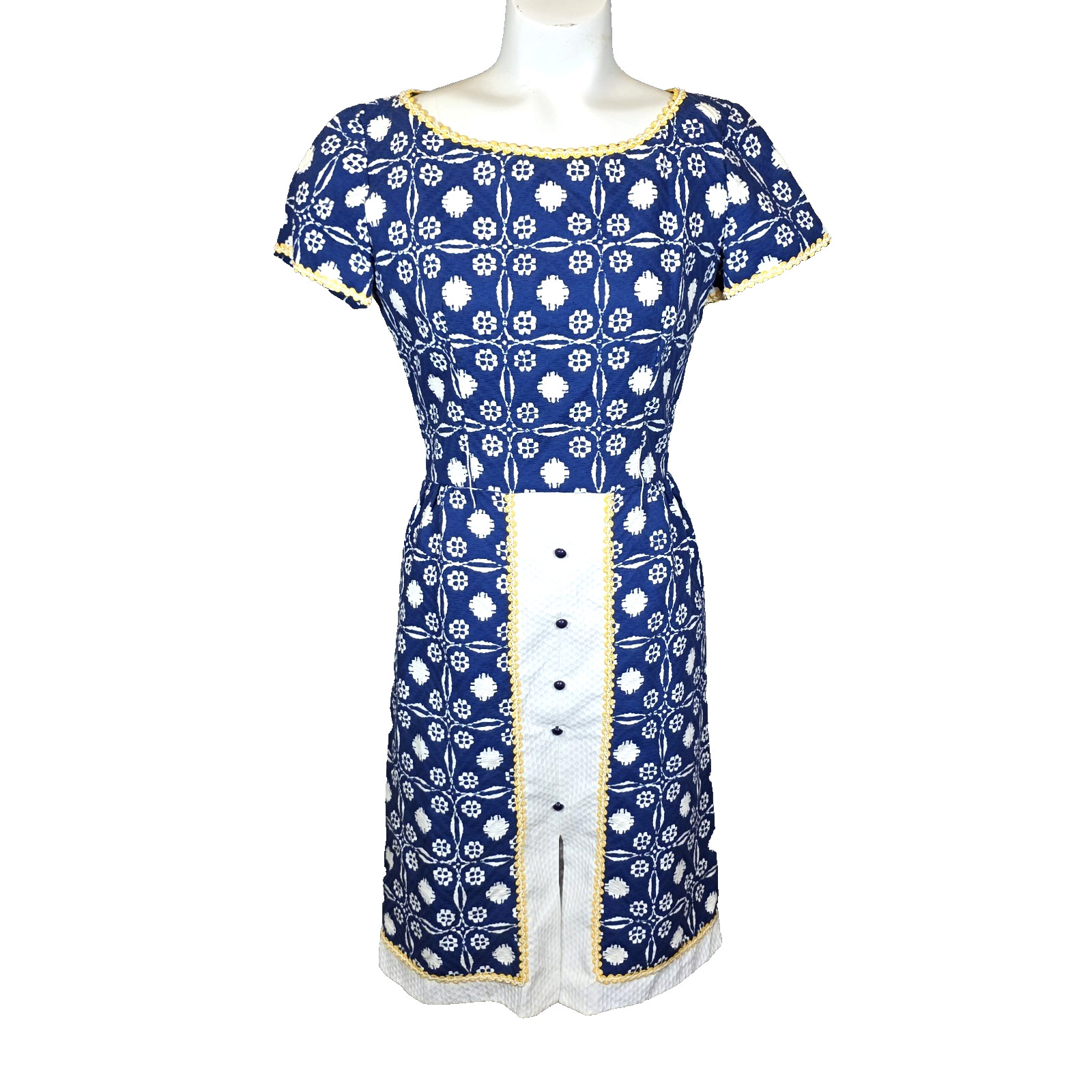 Vtg 60s Vilano Gerardo Livornese Mod Sheath Blue White Yellow Dress Seersucker S