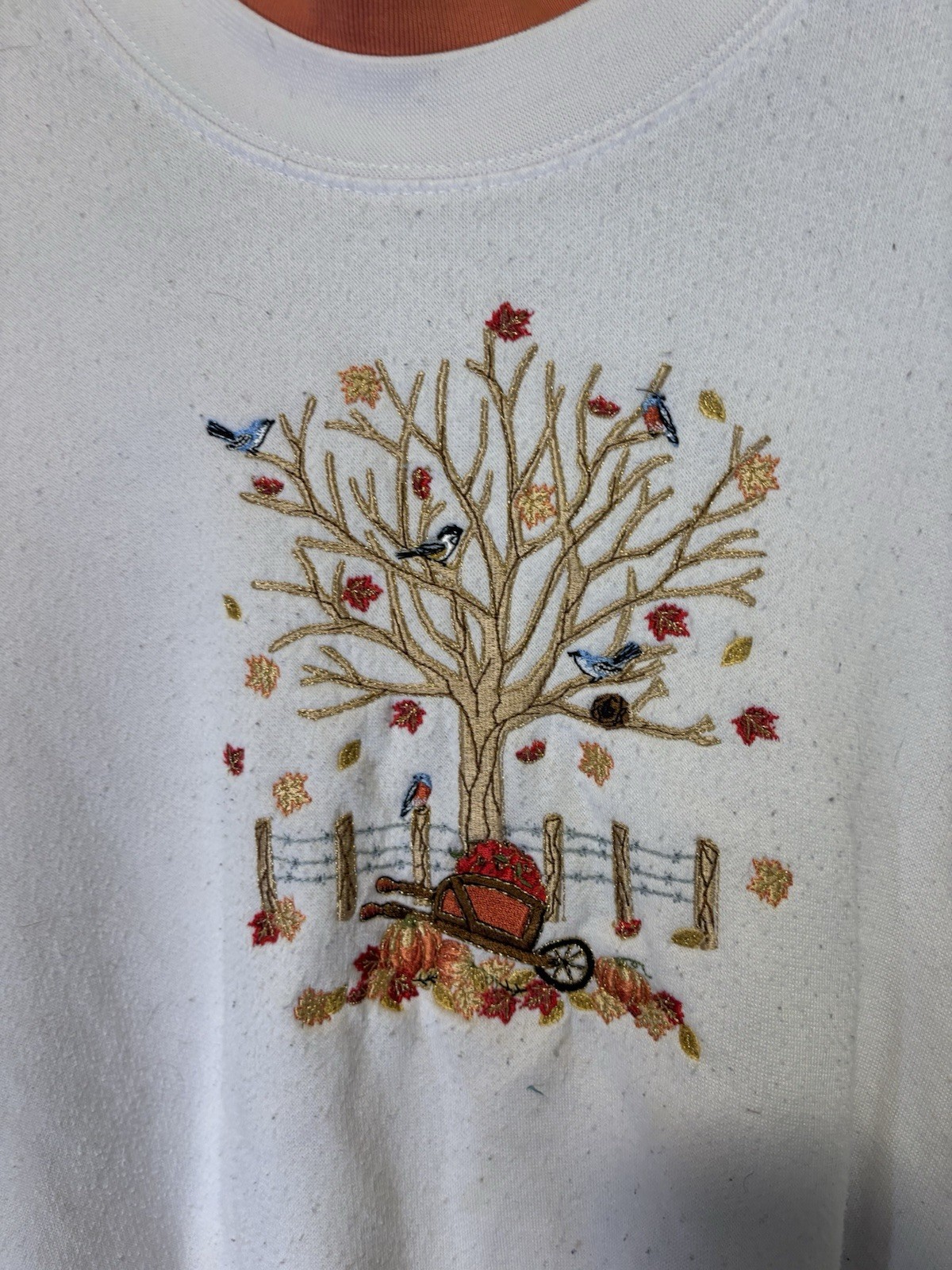 Vintage Bon Worth White Crewneck Sweater with Autumn Tree Embroidery