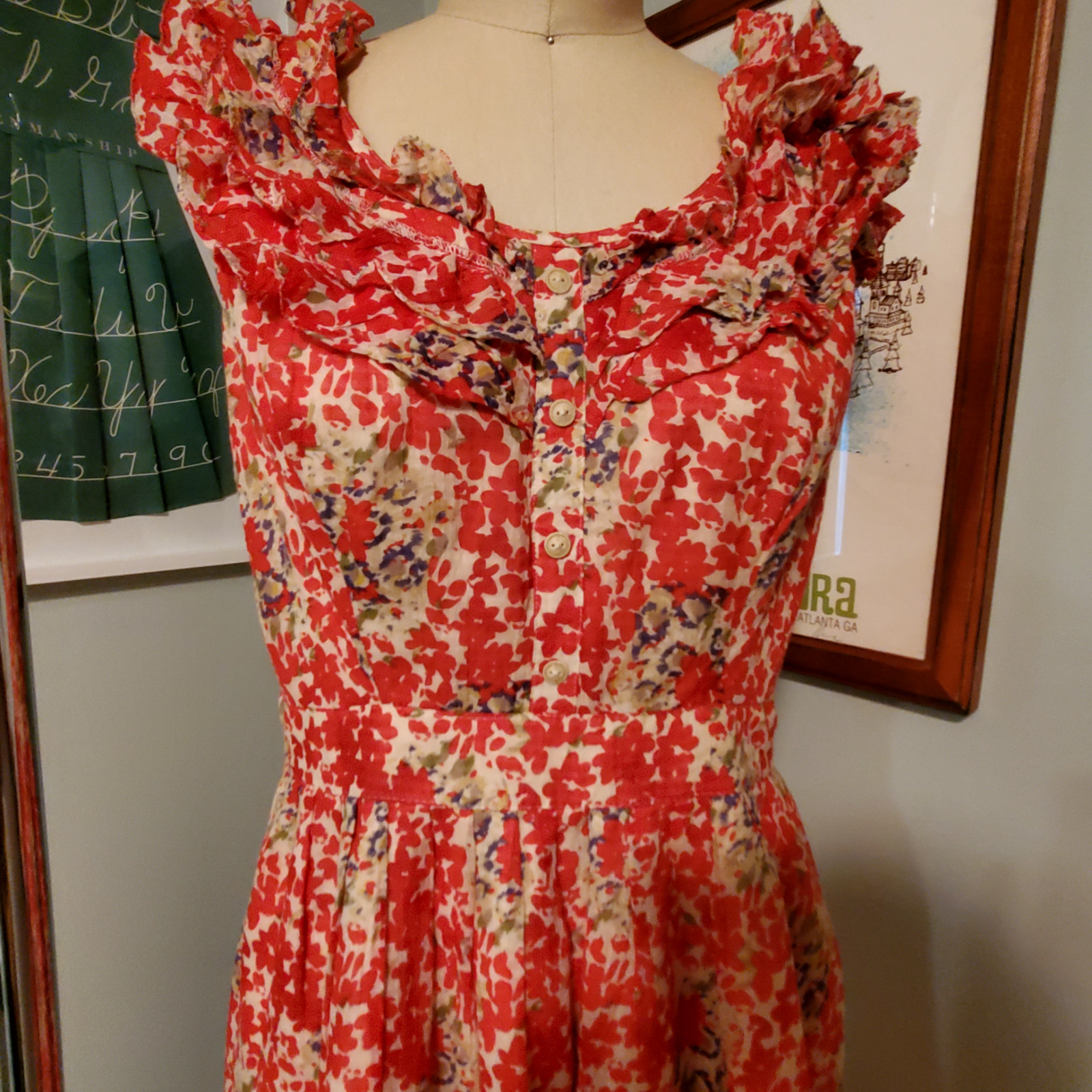 90s VTG Kay Unger Cotton + Silk Red Floral Patterened Dress w/ Frilled Collar