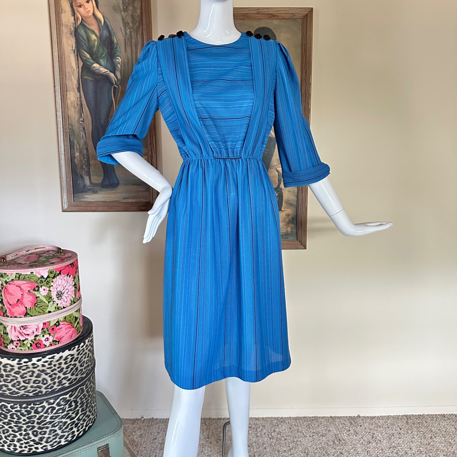 Vintage 1980s New Wave Dashes Striped Midi Day Dress Preppy Secretary M
