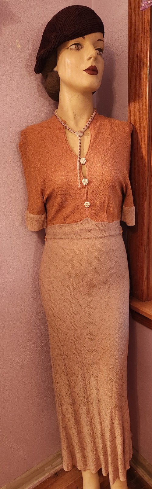 Vintage 1930s Two Tone Tan Knit Rayon Dress S