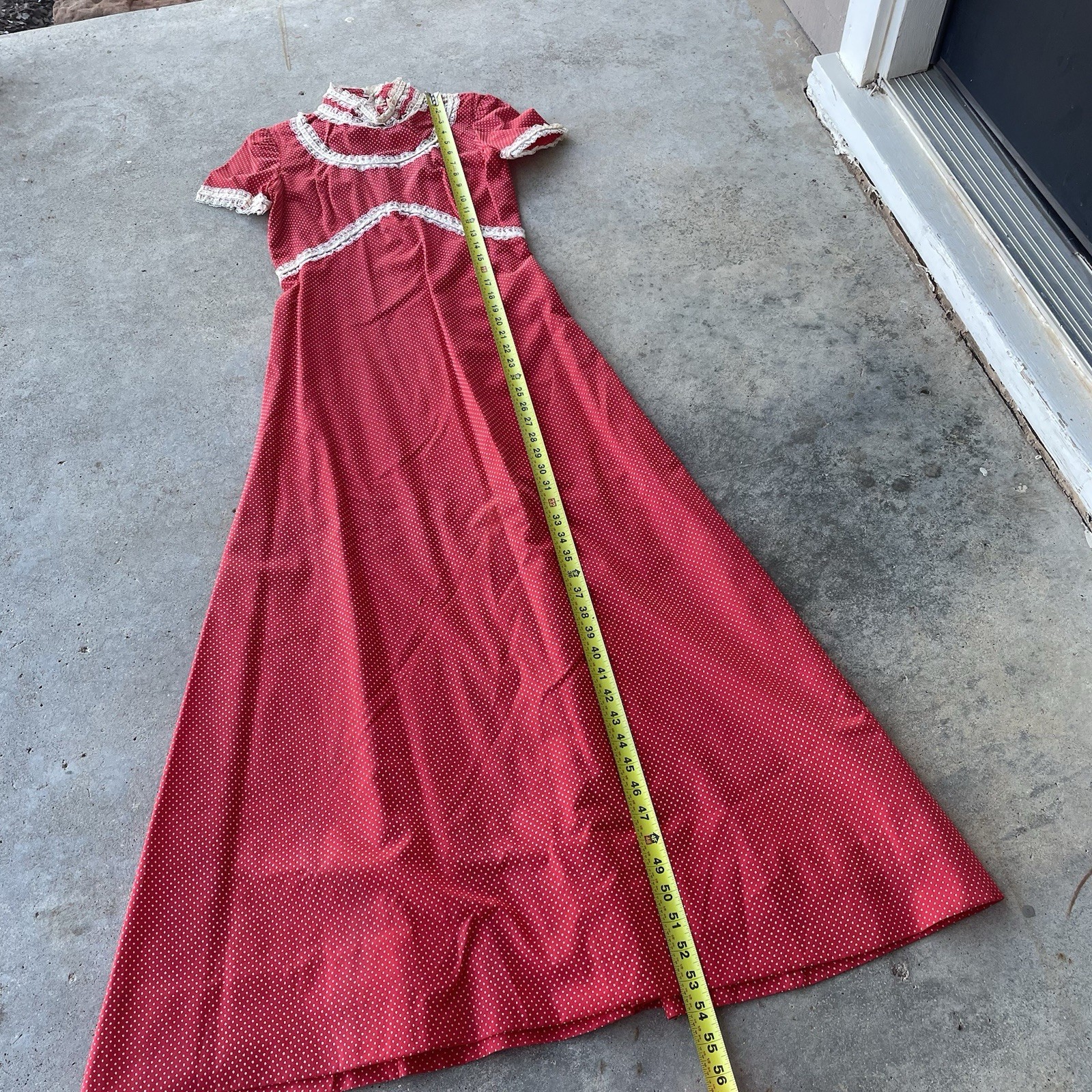 Prairie Cottage Core Vtg 70s Maxi Dress Red White Polka Dot Lace Trim Women’s S