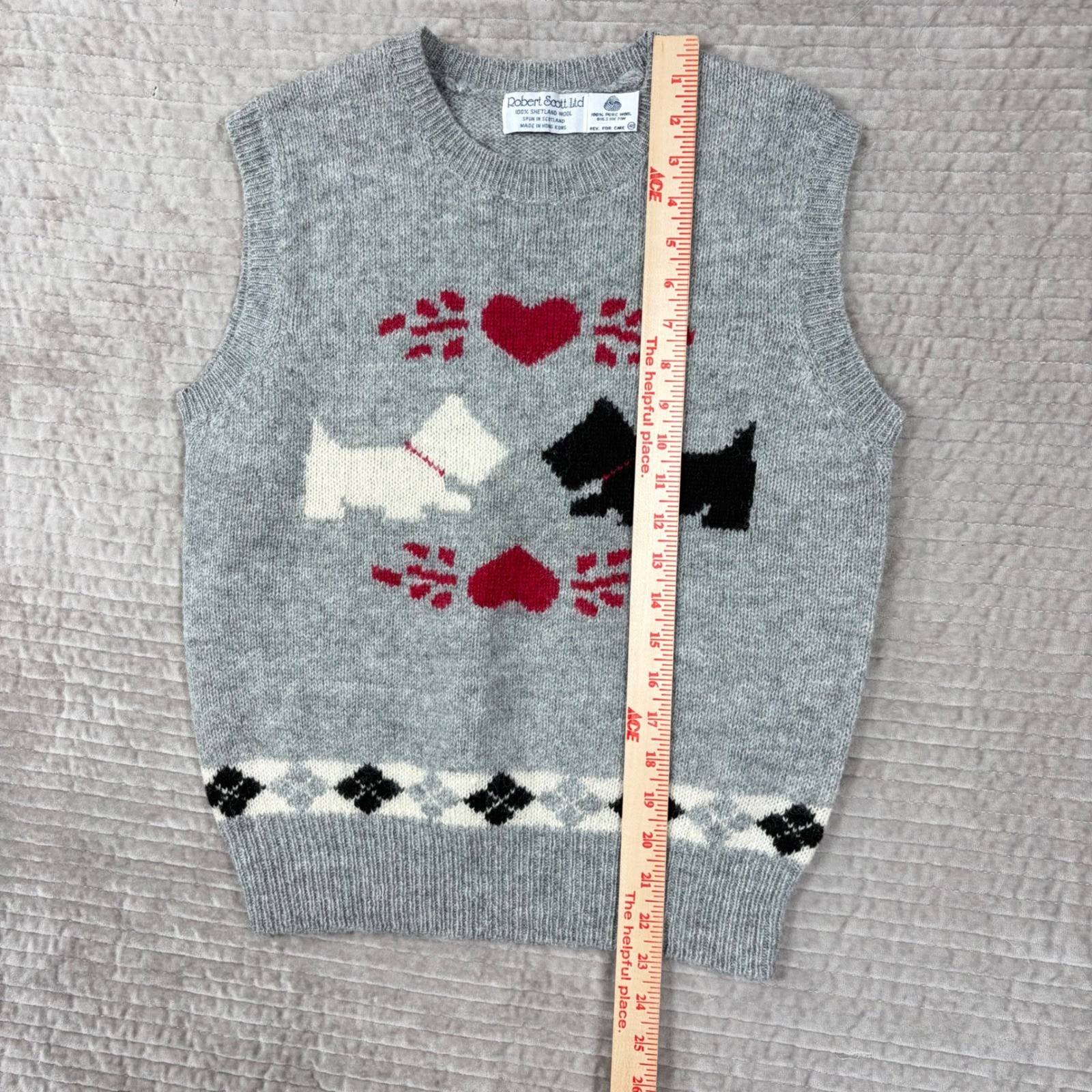Robert Scott Ltd Vintage Shetland Wool Sweater Vest Gray Scottie Dog Heart 40