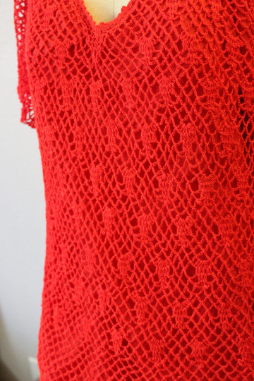 Vintage 1970s Thumbs Up Red Crochet Lace Acrylic Knit Skirt Top Blouse Dress Set