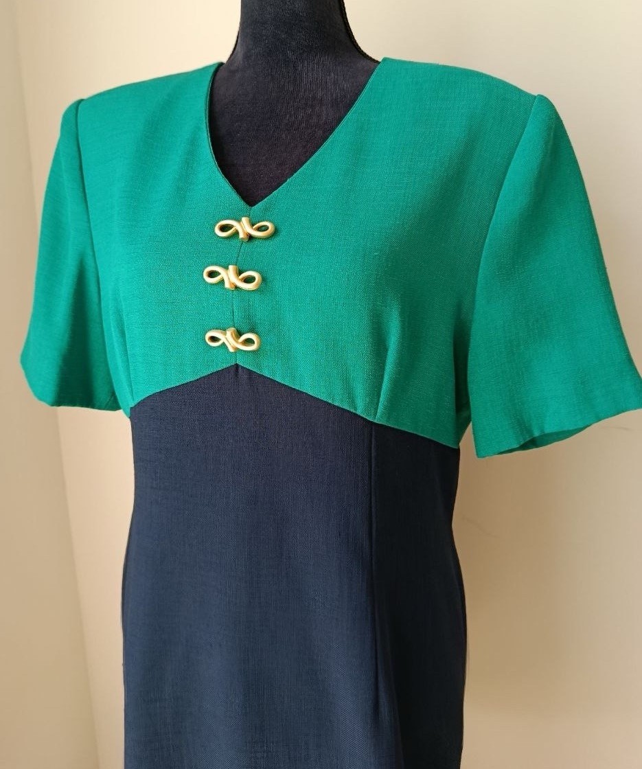 VTG Kasper for ASL Dress 14P Colorblock Gold Accent Short Sleeve Sheath Work