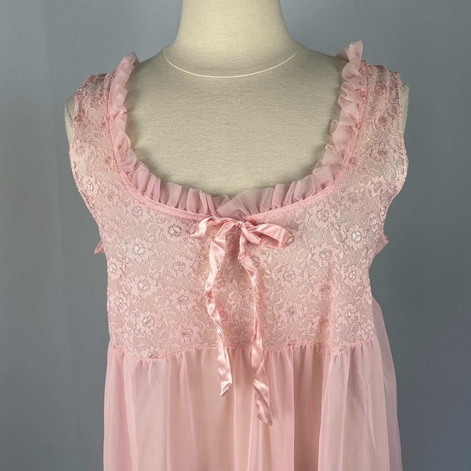 Vintage 70s Peignoir Set Large Pink Sheer Chiffon Lace Lingerie Babydoll 2 Piece