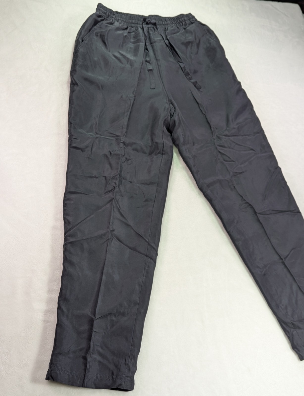 Vintage 80s Black Silk Track Pants Womens Size S Straight Leg Lined Pockets