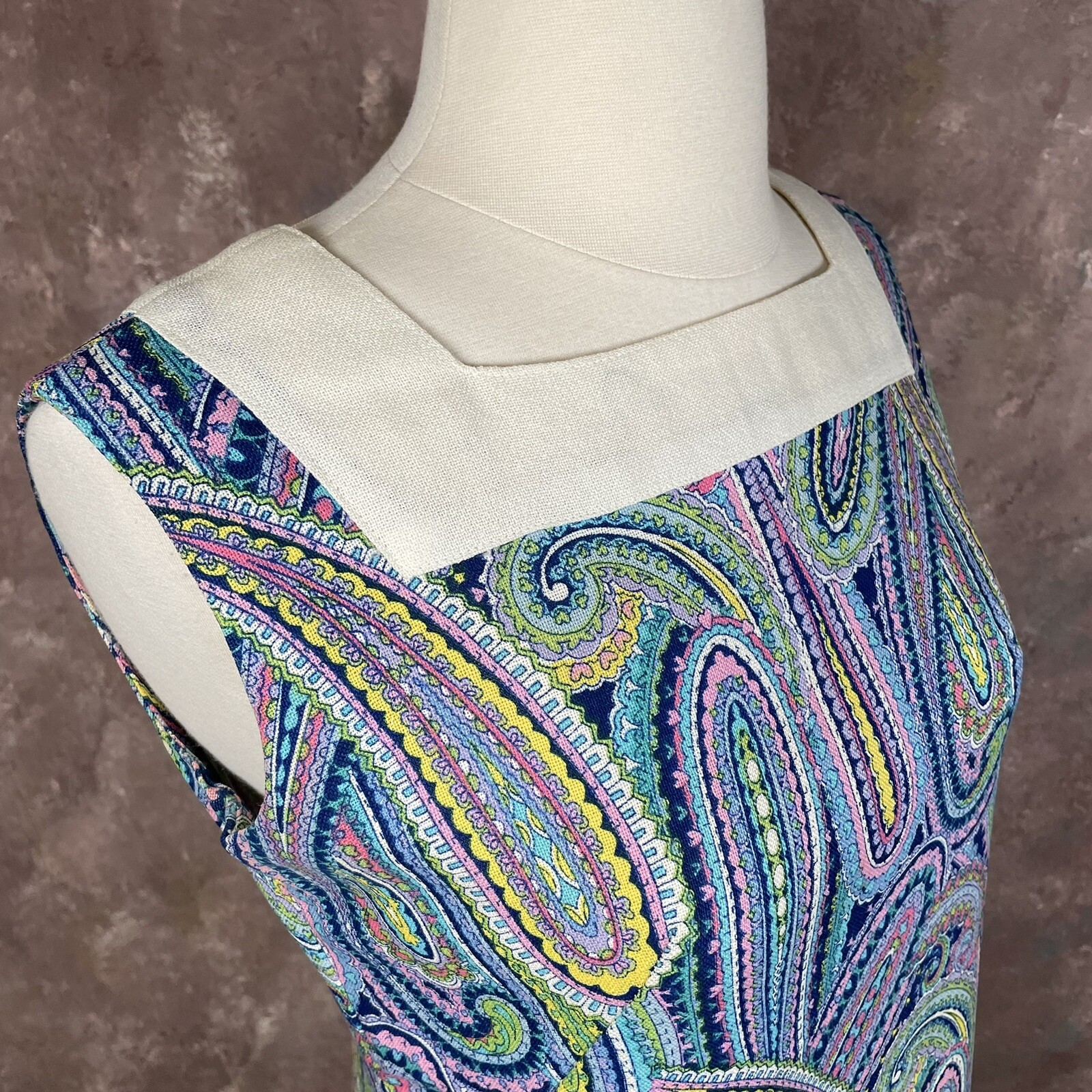 Paisley Shift Dress Vintage 1960s XS Sleeveless Blue Purple Yellow Handmade