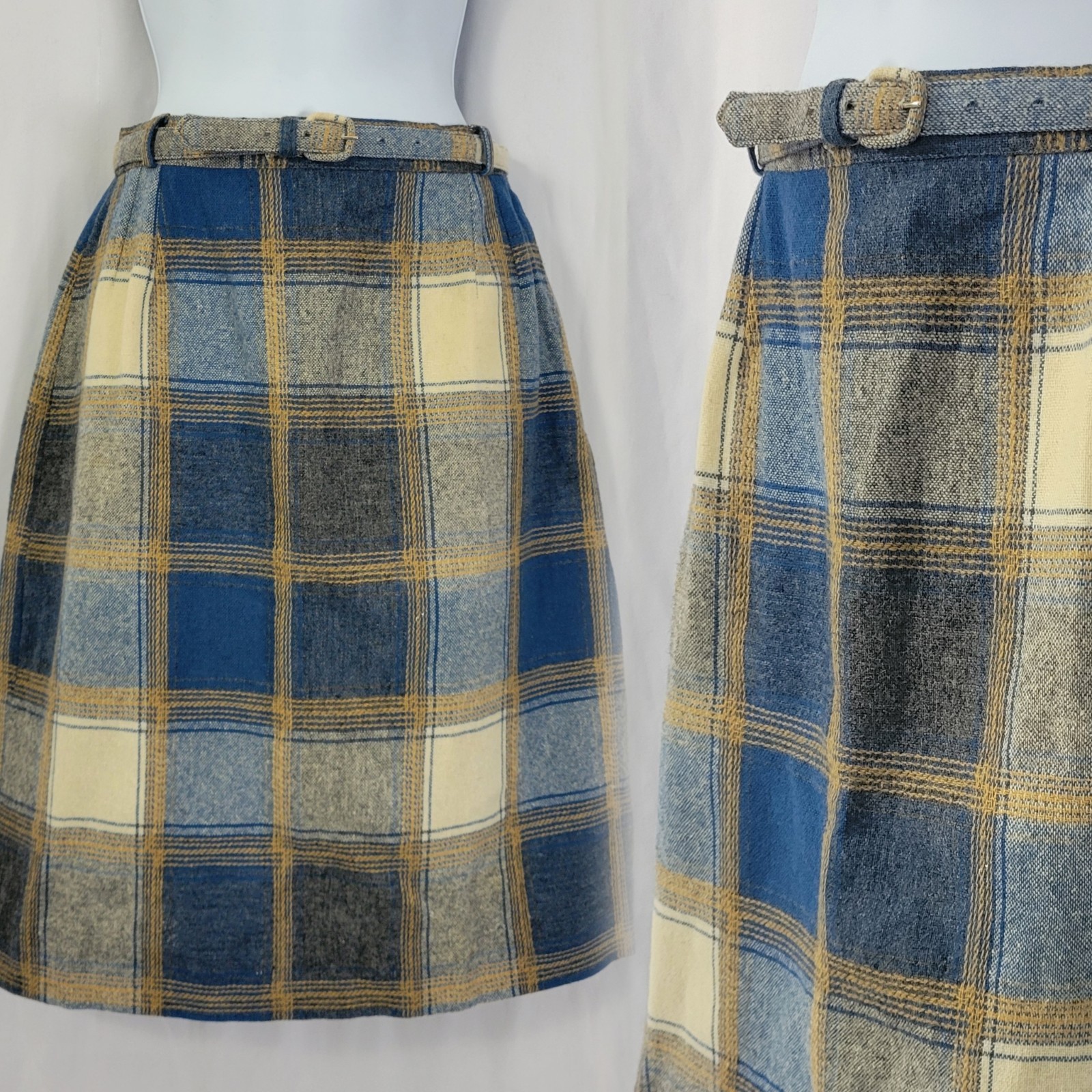 Vintage Blue/Cream/Tan Plaid Wool Skirt w Matching Belt Size XS? 26″ Waist