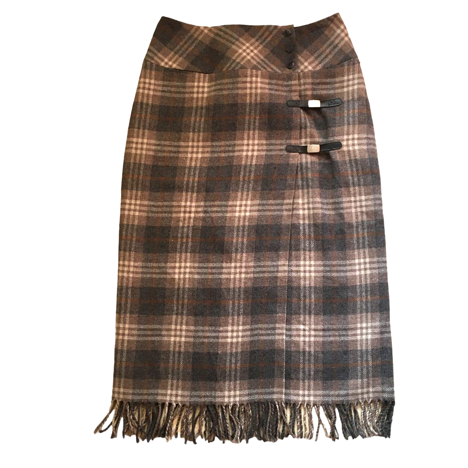 Vintage 80’s David N. Sz. 8 Womens Midi Wrap Skirt Plaid Fringe Wool Blend Lined