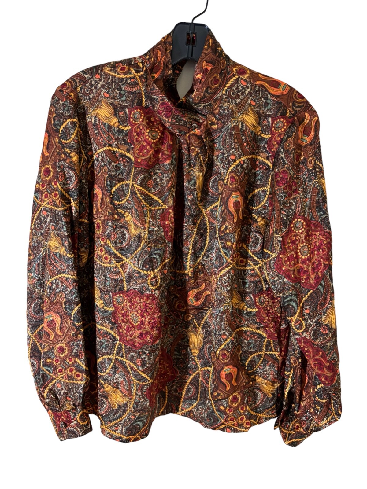 Vtg 80s NOTATIONS BAROQUE Print SECRETARY CAREER Puff Sleeve ACADEMIA Blouse 8 M