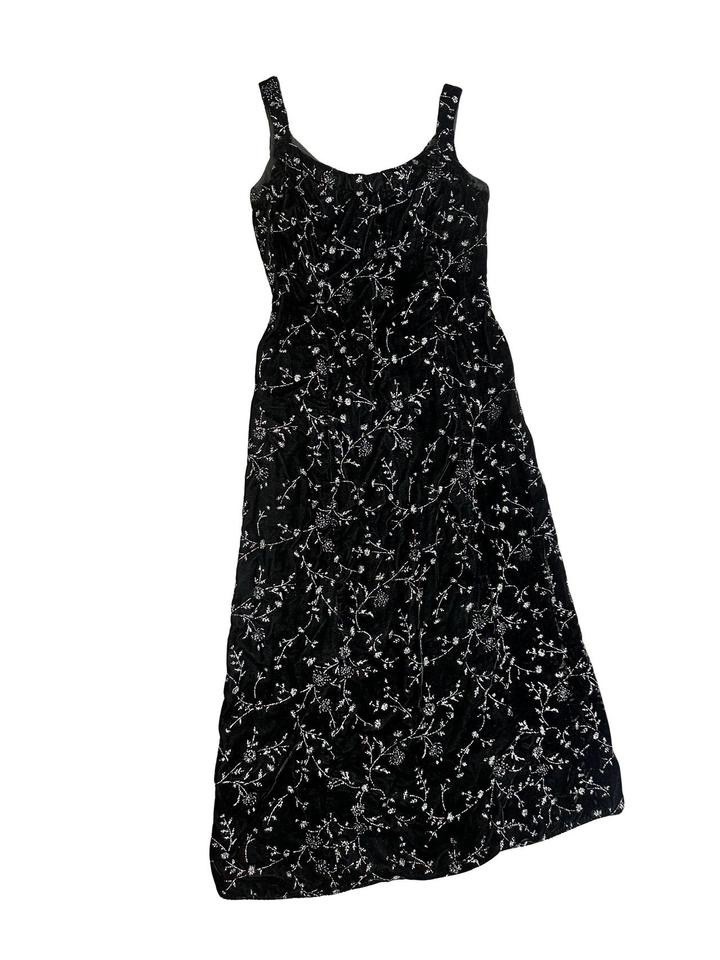 Vintage Handmade Black Velvet Embroidered Midi Dress