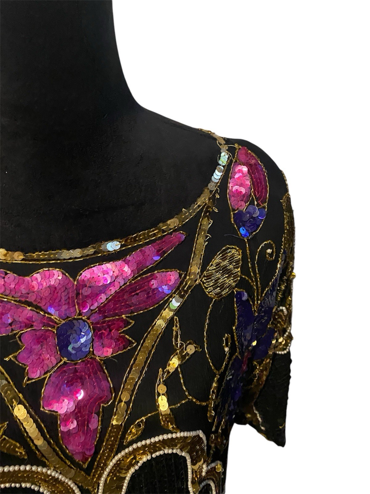 Vintage Chanson D’Amour Womens Dress sz L Black 100% Silk Sequin Beaded 80s